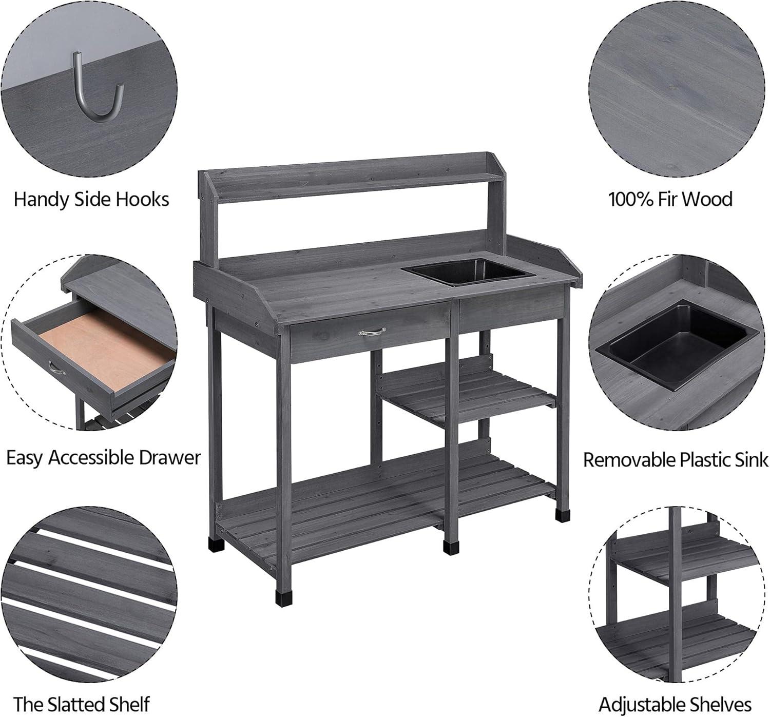 Outdoor Potting Bench Table Potters Benches Garden Workstation for Horticulture with Drawer/Adjustable Shelf Rack/Removable Sink/Hooks/Pads, Gray