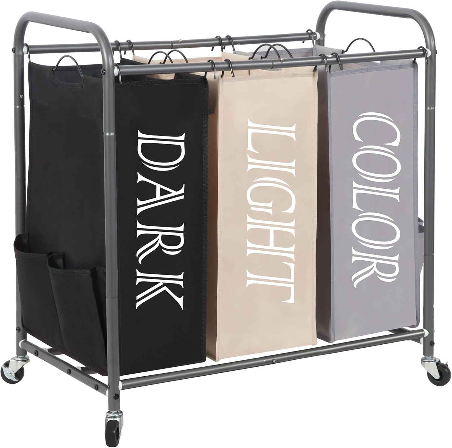 Multicolored 3-Section Laundry Sorter with Wheels and Removable Bags