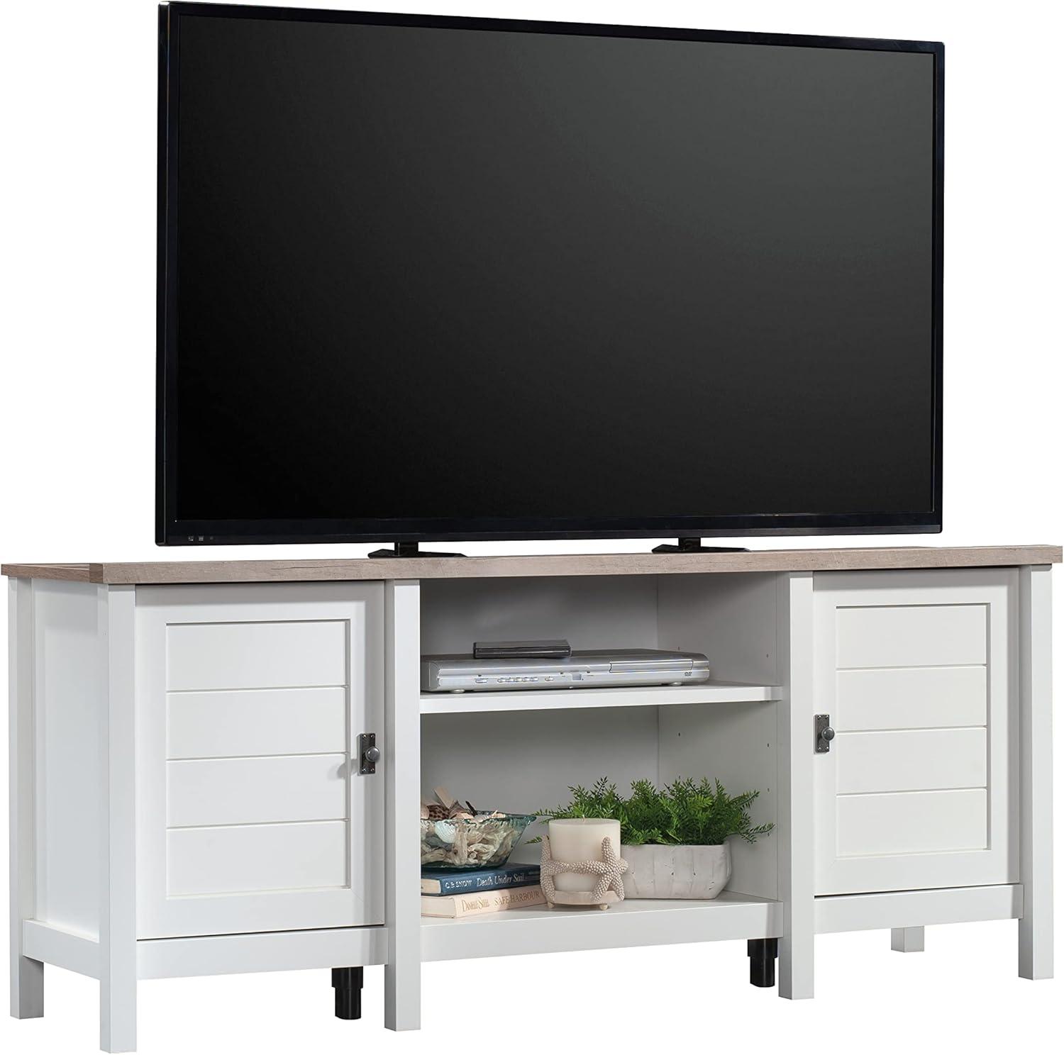 Soft White Farmhouse TV Stand with Cabinets and Shelves