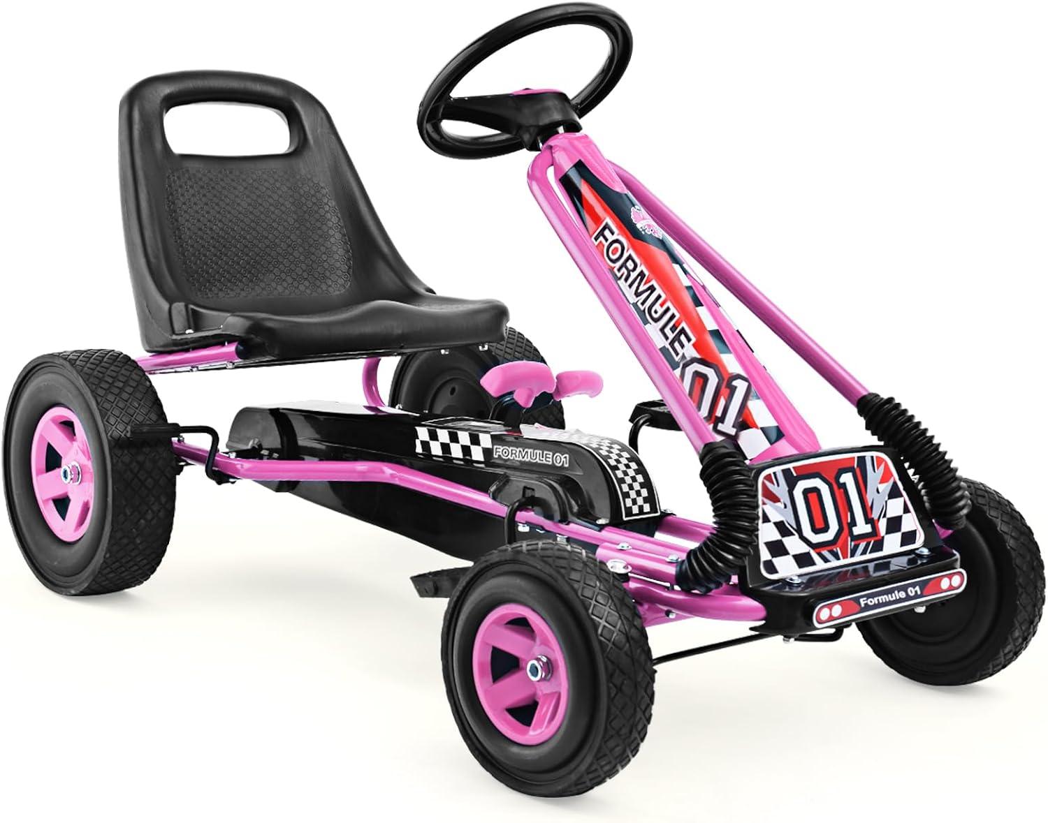 Costway Go Kart 4 Wheel Pedal Powered Kids Ride On Toy with Adjustable Seat Pink
