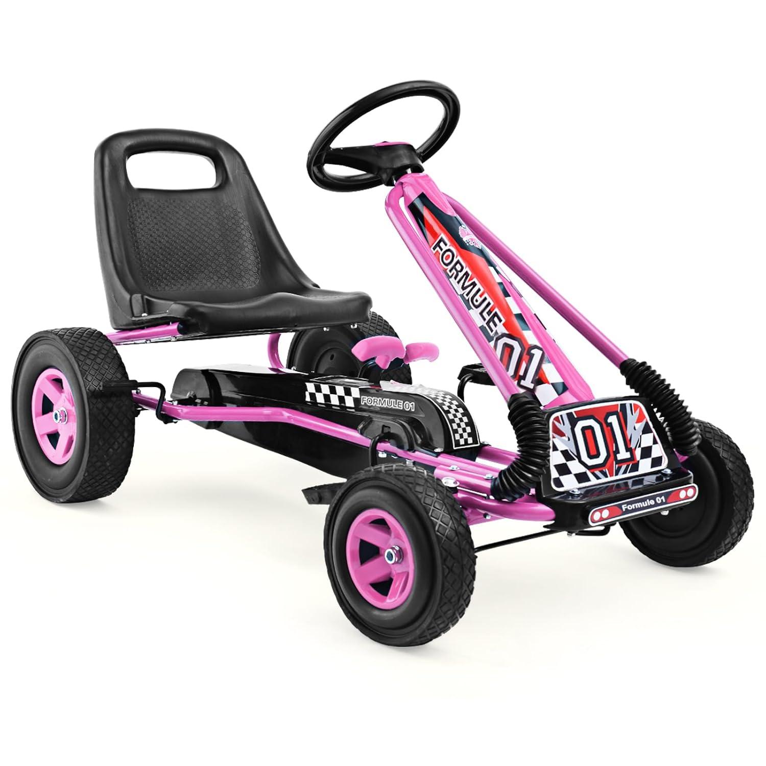 Costway Go Kart 4 Wheel Pedal Powered Kids Ride On Toy with Adjustable Seat Pink