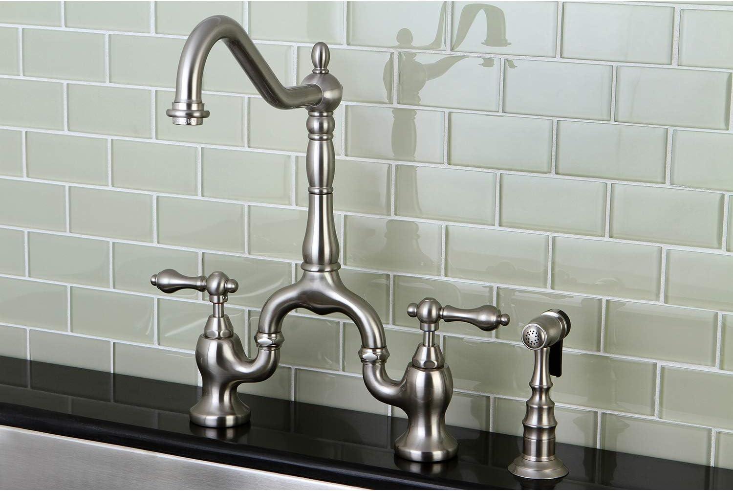 Kingston Brass English Country Two-Handle 3-Hole Deck Mount Bridge Kitchen Faucet with Brass Side Sprayer