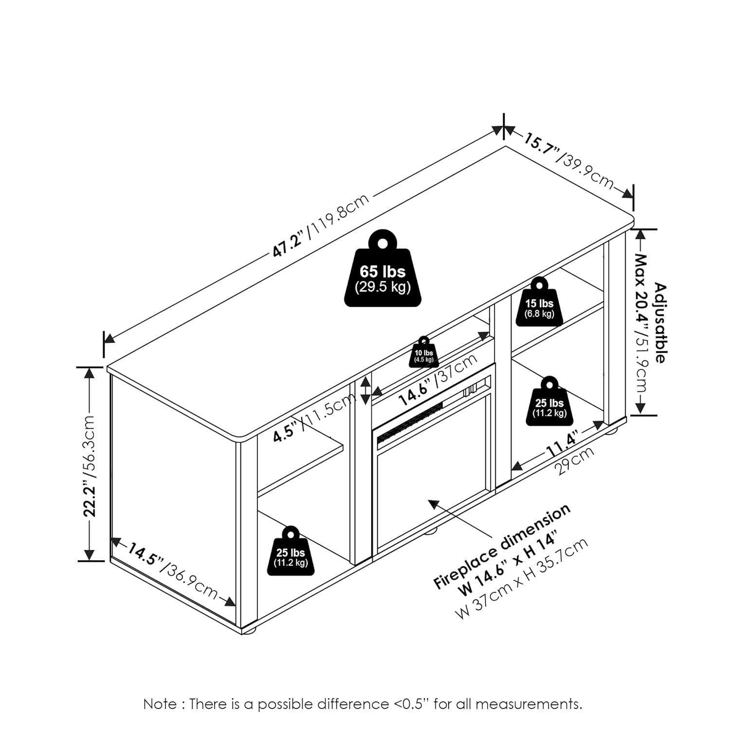 Furinno Jensen Fireplace TV Entertainment Center with Open Storage Compartment for TV up to 55 Inch, Americano