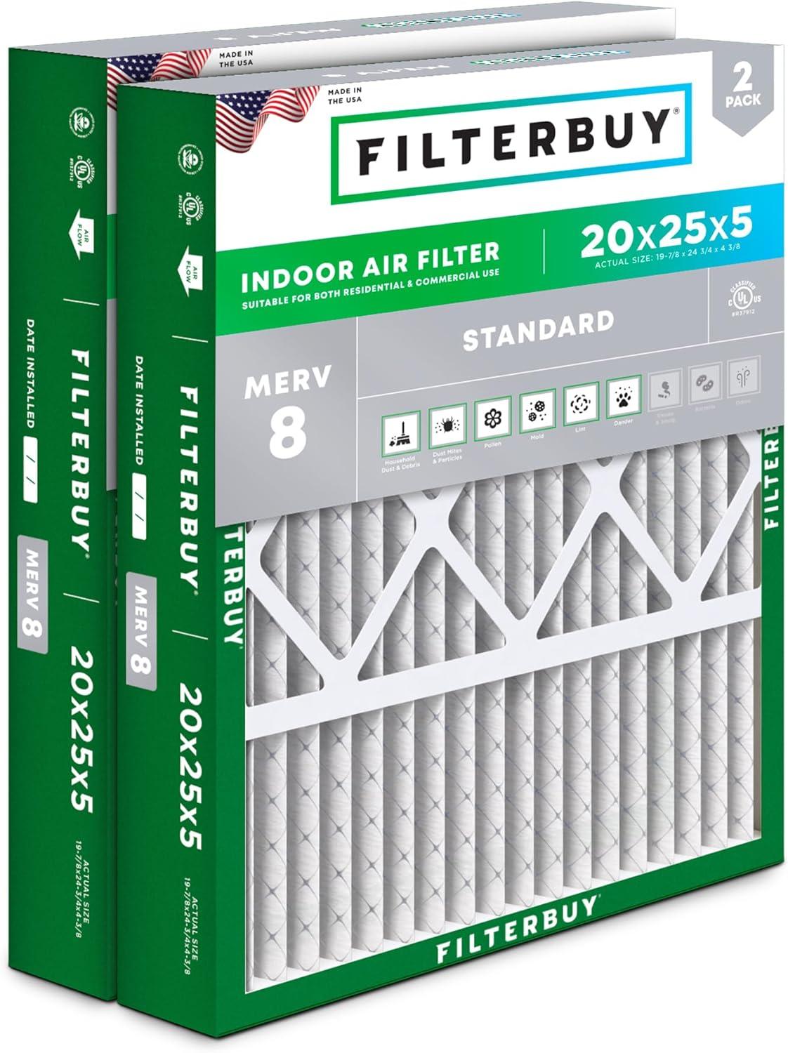 Filterbuy 20x25x5 MERV 8 Pleated HVAC Furnace Filters 2-Pack