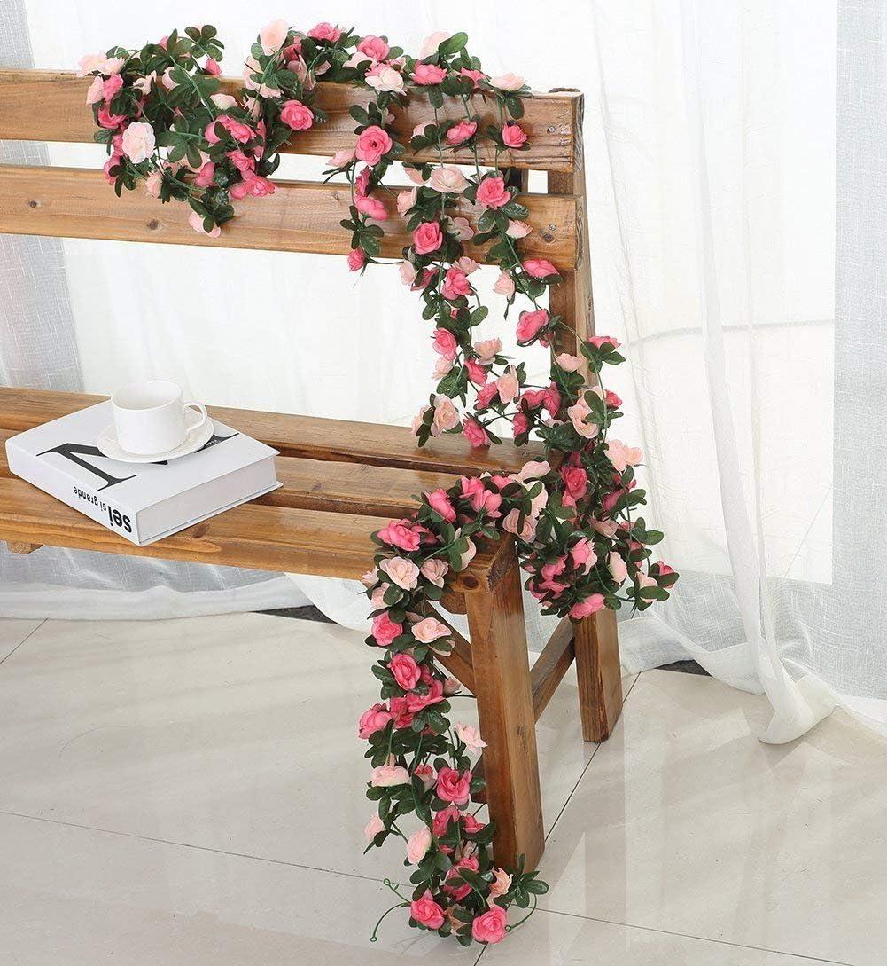 Miracliy 8Pcs 66FT Pink Flower Garland, Artificial Rose Floral Vines Fake Hanging Spring Flower Garland for Wall Backdrop Wedding Arch Tea Party Door Mantle Decoration