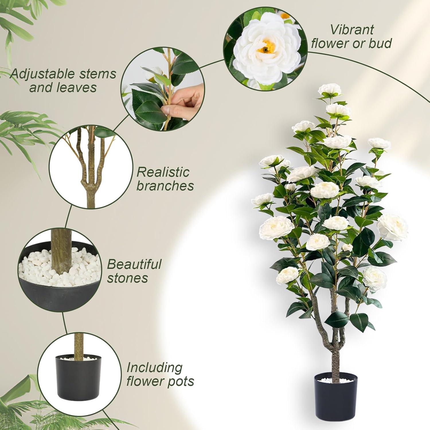 45" Artificial Camellia Tree 2 Pack Large Blooming Tree in Pot with White Flowers, 3.75ft Faux Floral Camellia Plants Fake Greenery Potted Tree for Indoor, Outdoor, Home,Office