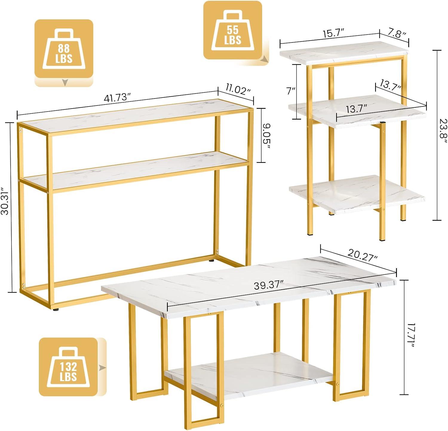 AWQM 3 Pieces Living Room Table Set, Faux Marble Coffee Table with Round End Side Table and Console Table, Modern Coffee Table Set with Gold Metal Frame for Apartment Home Office, White