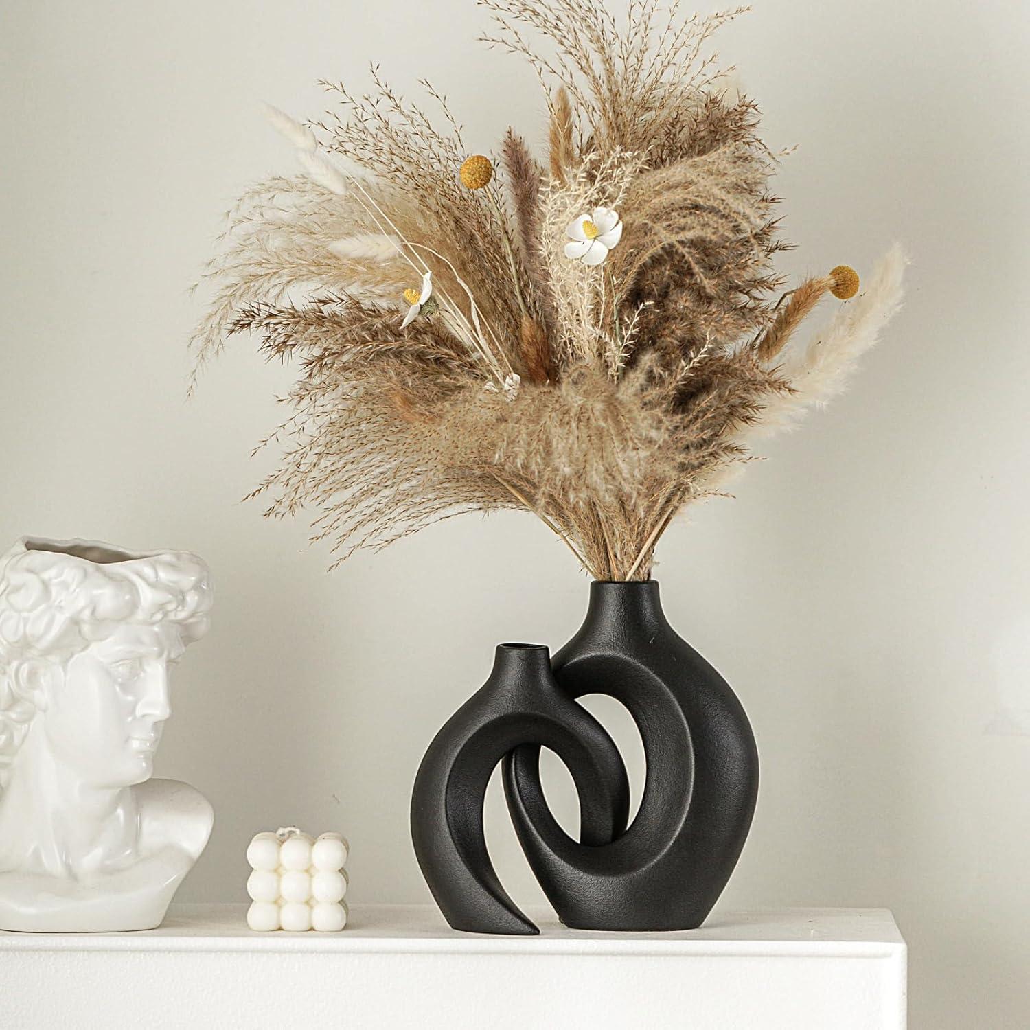 Matte Black Ceramic Decorative Vase Set with Curved Design