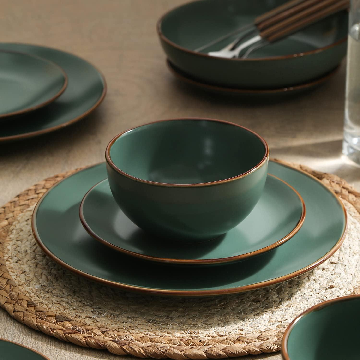 Green Ceramic 16-Piece Dinnerware Set with Brown Edged Borders