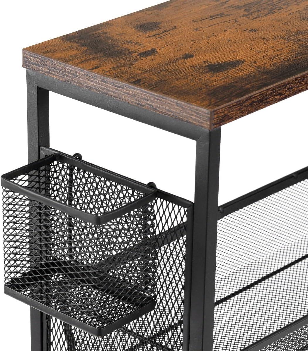 DWVO 4-Tier Slim Rolling Cart on Wheels, 34" Wooden Tabletop Kitchen Storage Organizer Cart with Wire Mesh Baskets, Slide-Out Storage Cart for Kitchen, Bathroom Living Room (White)