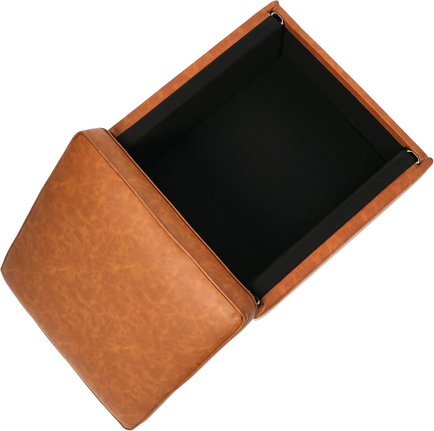 Storied Home Atley Storage Ottoman Brown: Vegan Leather, Mid-Century Design, Plywood Frame, 18" Height