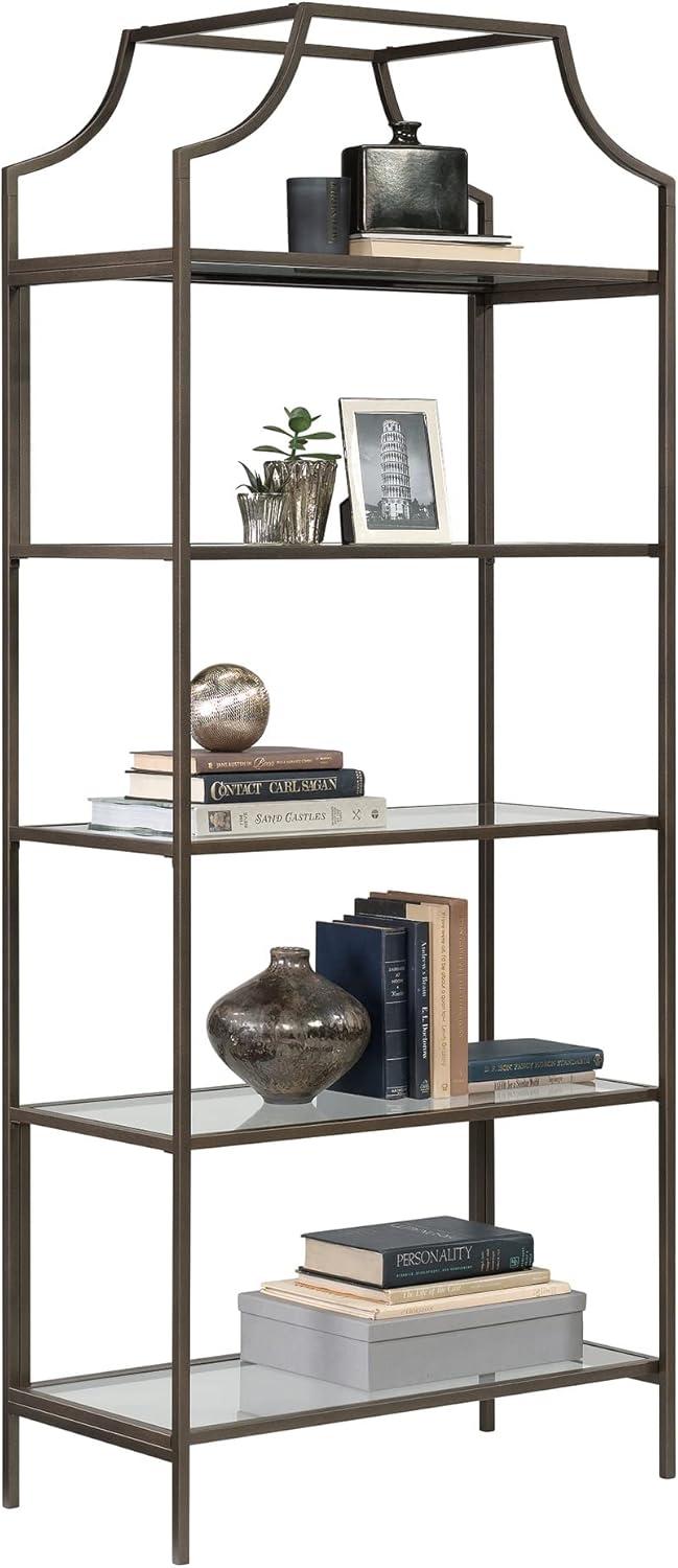 70" International Lux Bookcase Bronze - Sauder: Metal Frame, Safety-Tempered Glass, 5-Tier Storage