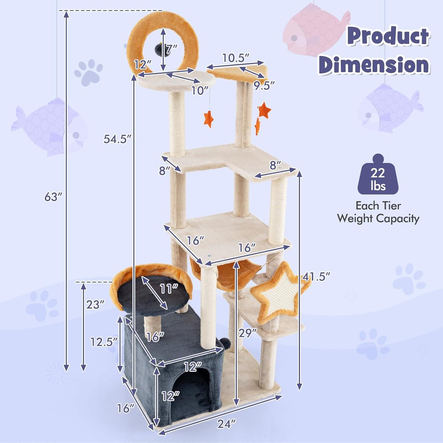 PawHut Cat Tree, 63 Inch Moon and Star Themed Cat Tower with Scratching Post, Hammock, Condo, Bed, Scratching Board & Cat Toys, Beige