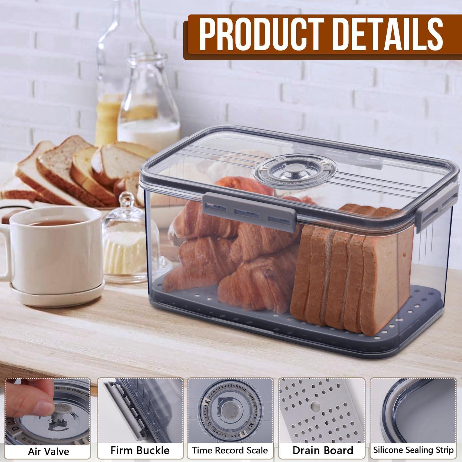 Baodeli Bread Box Bread Boxes for Kitchen Counter Airtight, Time Recording Bread Storage Container with Lid, Bread Keeper for Homemade Bread, Toast, Bagel, Donut and Cookies, Grey