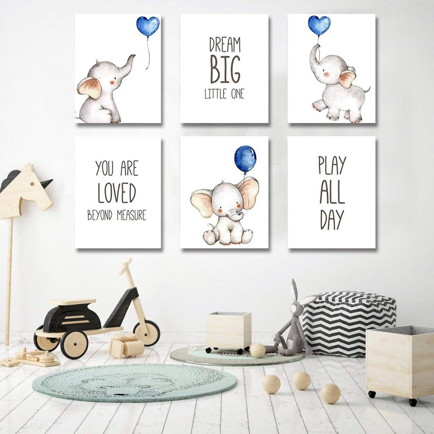 iMagitek Set of 6 Unframed Baby Boy Wall Art Prints, Blue Elephant Wall Decor with Balloons for Boy's Room (8" x 10")