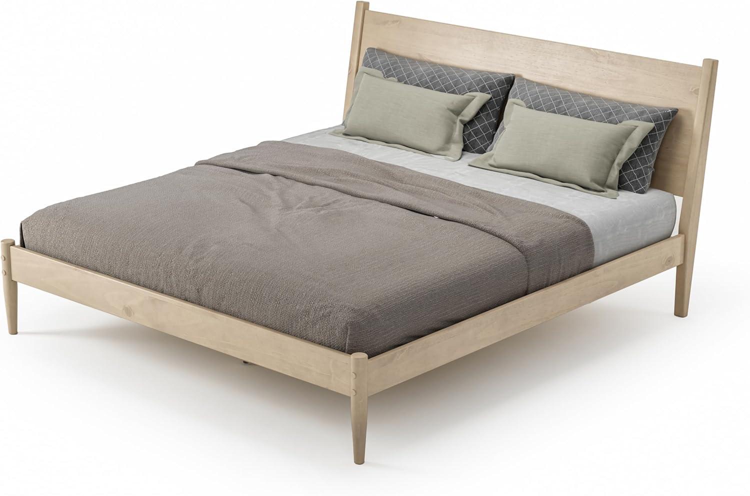 Mid-Century Light Oak King Pine Wood Upholstered Platform Bed