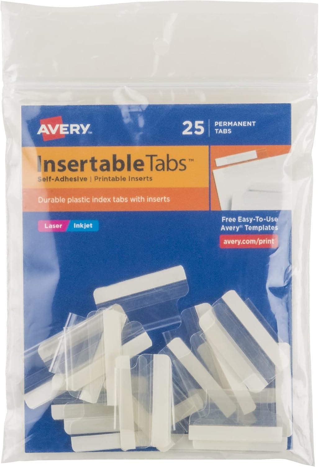 Avery Insertable Index Tabs with Printable Inserts One Clear Tab 25/Pack 16221