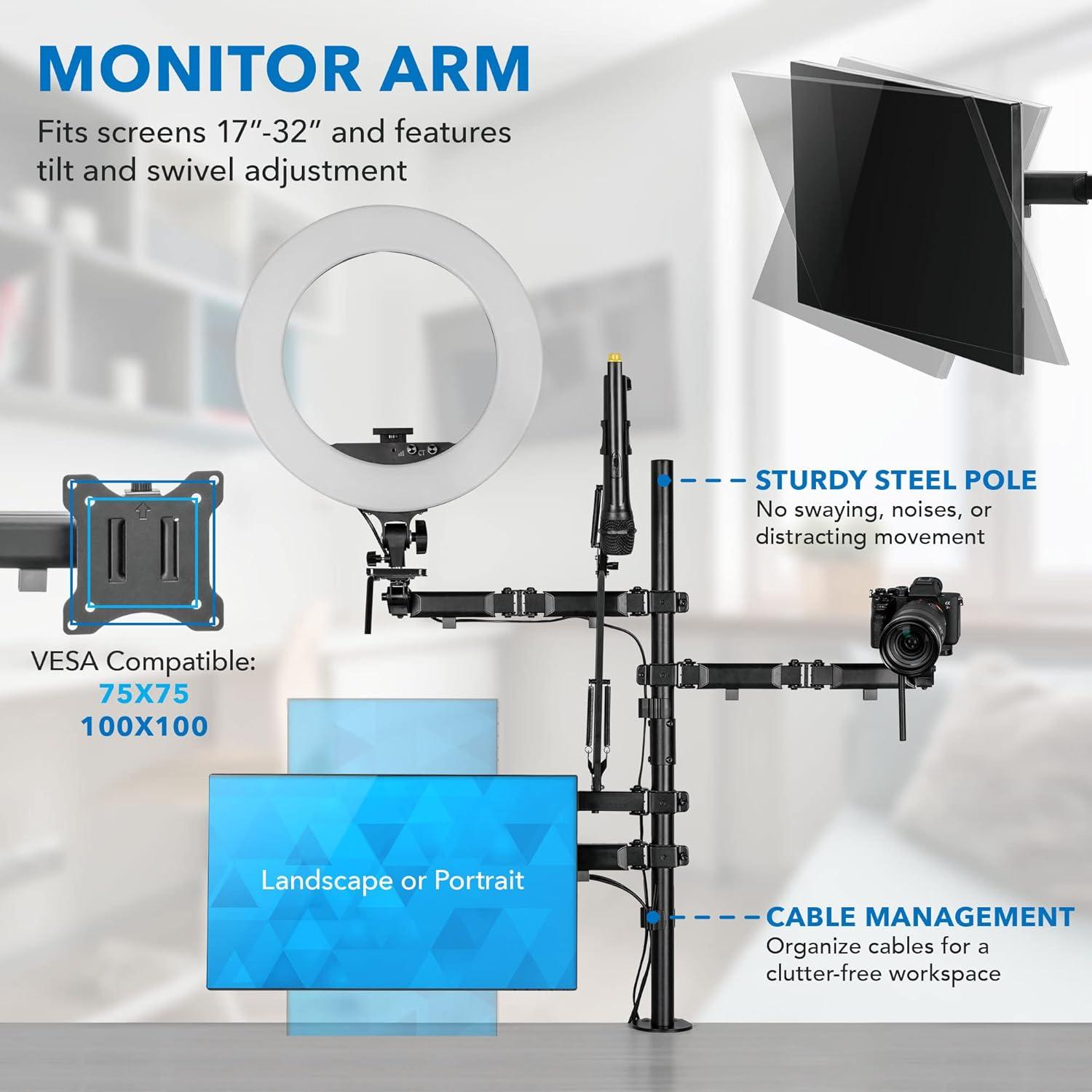 Mount-It! All in One Live Streaming Equipment | 4 Arm Streaming Desk Mount That Holds Monitor, Cameras & Ring Light with Mic | Desktop Live Stand Set