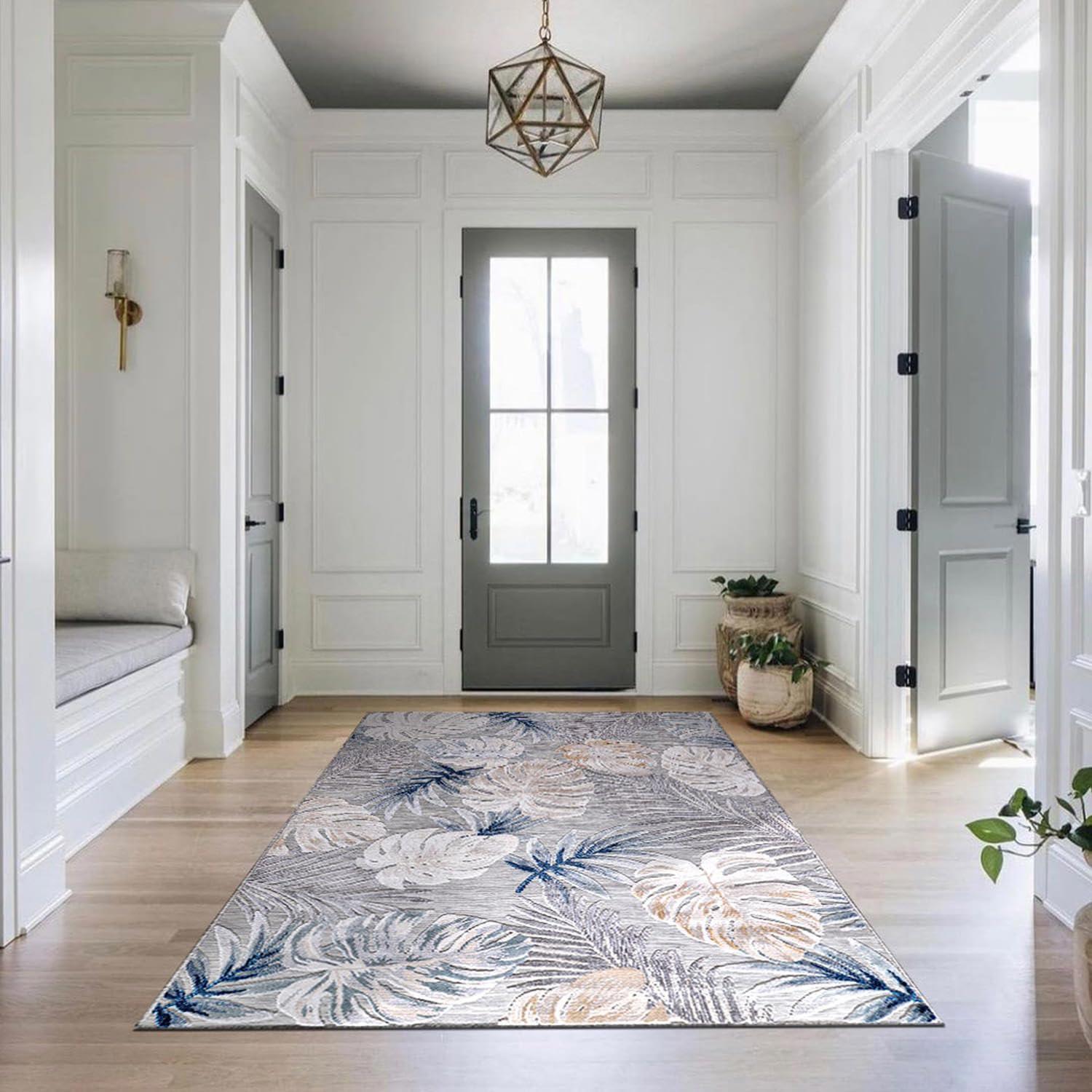 CAMILSON Spring Leaf Tropical Botanical Easy-Cleaning Non-Shedding Washable Outdoor Indoor Area Rug Blue 9x12