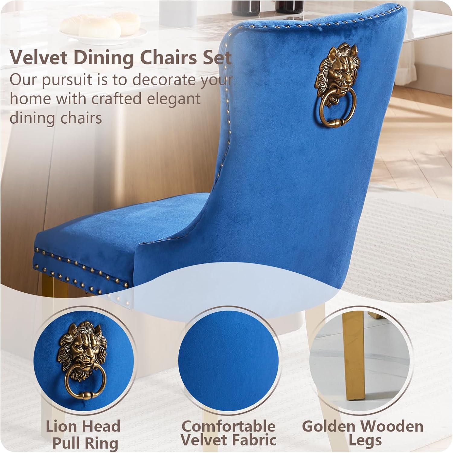 Velvet Upholstered Dining Chairs, Set of 2, Dining Room Tufted Chair, Modern Button Tufted Armless Chairs with Nailhead Trim and Back Ring Pull, Gold Legs, for Dining Room, Kitchen, Navy