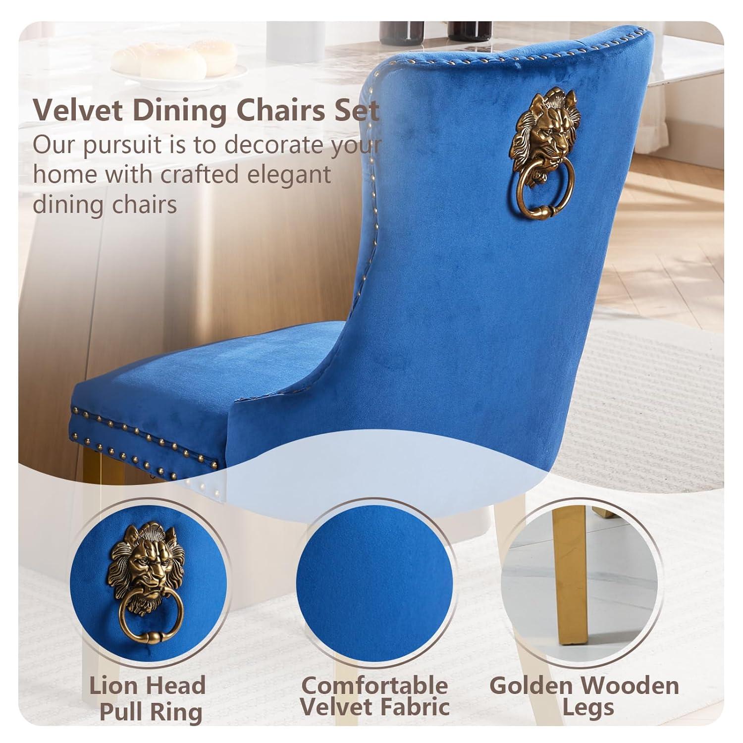 Velvet Upholstered Dining Chairs, Set of 2, Dining Room Tufted Chair, Modern Button Tufted Armless Chairs with Nailhead Trim and Back Ring Pull, Gold Legs, for Dining Room, Kitchen, Navy