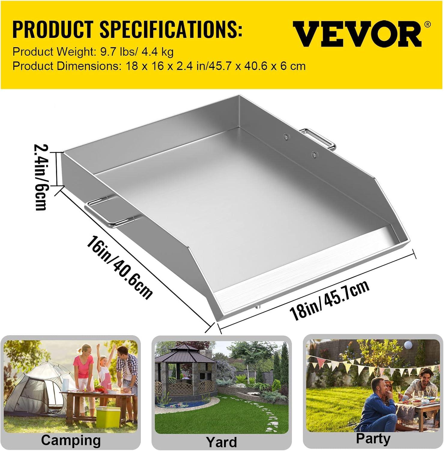 VEVORbrand Stainless Steel Griddle,18" X 16" Universal Flat Top Rectangular Plate, BBQ Charcoal/Gas Grill with 2 Handles and Grease Groove with for Camping, Tailgating and Parties