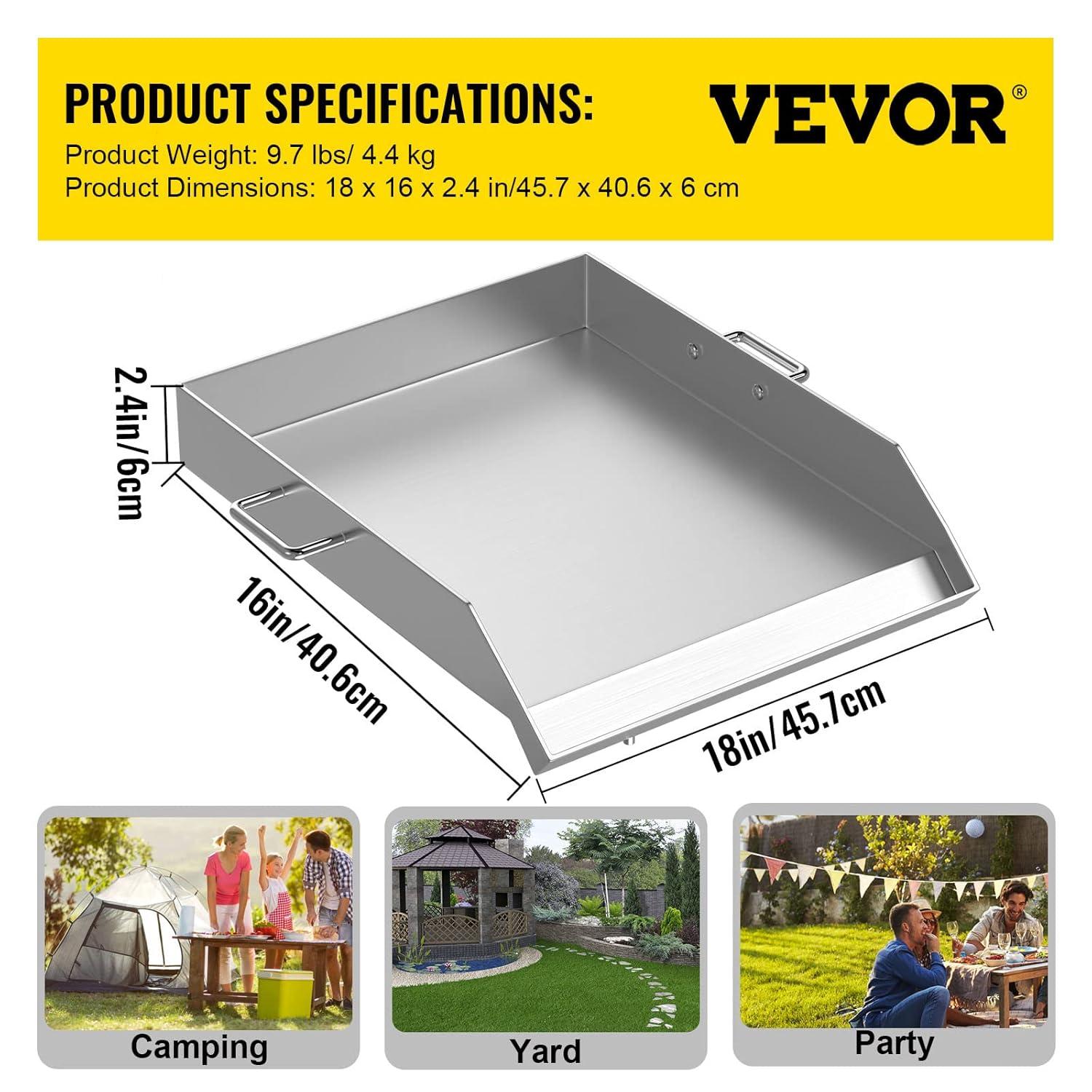 VEVORbrand Stainless Steel Griddle,18" X 16" Universal Flat Top Rectangular Plate, BBQ Charcoal/Gas Grill with 2 Handles and Grease Groove with for Camping, Tailgating and Parties