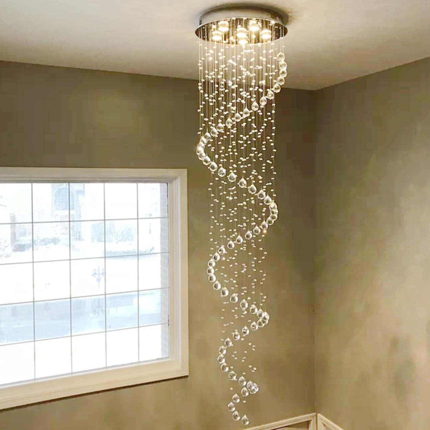 SEFINN FOUR Modern Spiral Design Crystal High Ceiling Pendant Light Chandelier for Living Room Hotel Stairs Foyer Entryway H87"