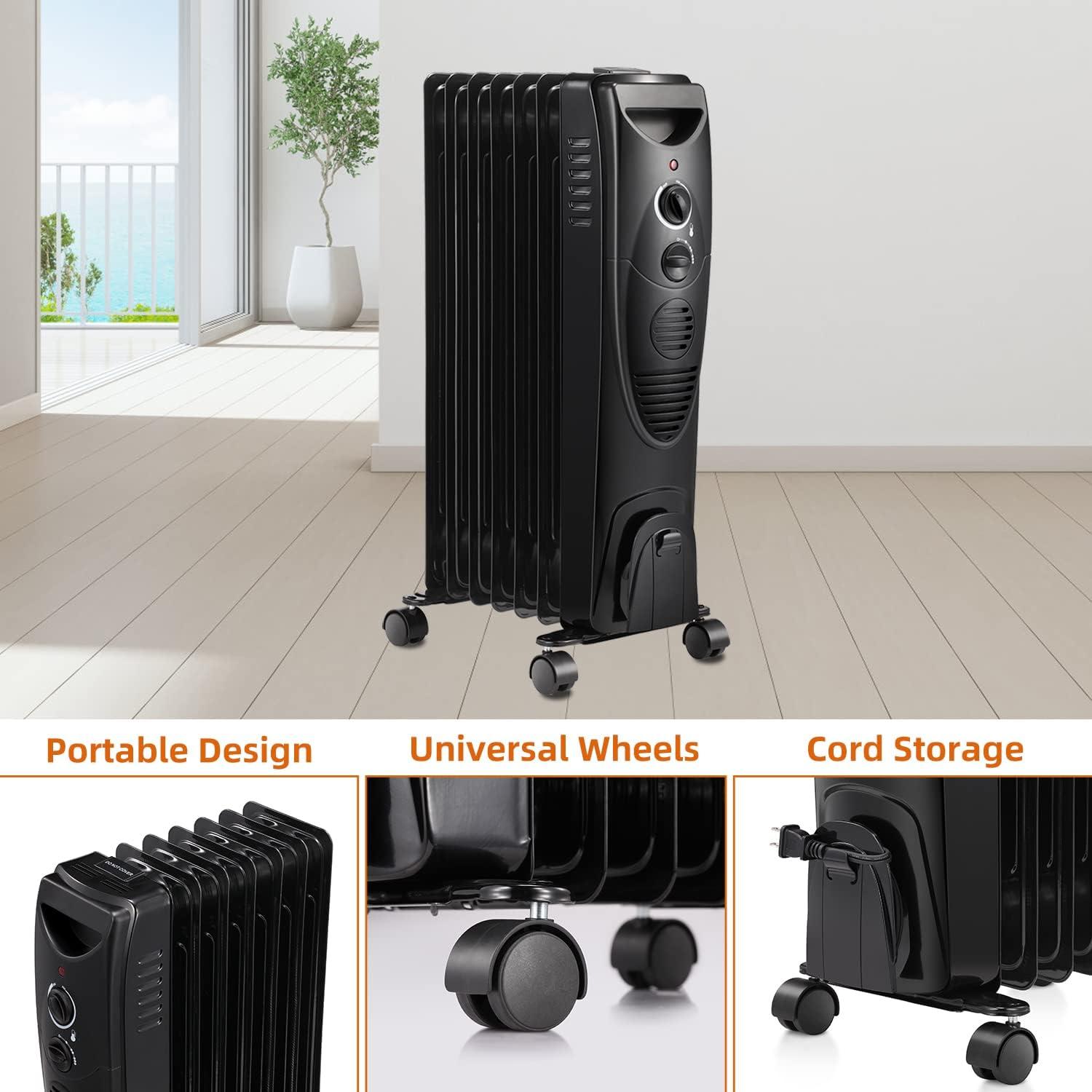 R.W.FLAME Oil Filled Radiator Heater, Adjustable Thermostat, 3 Heat Settings, Portable Quiet Heater with Tip-over & Overheating Functions, BLACK