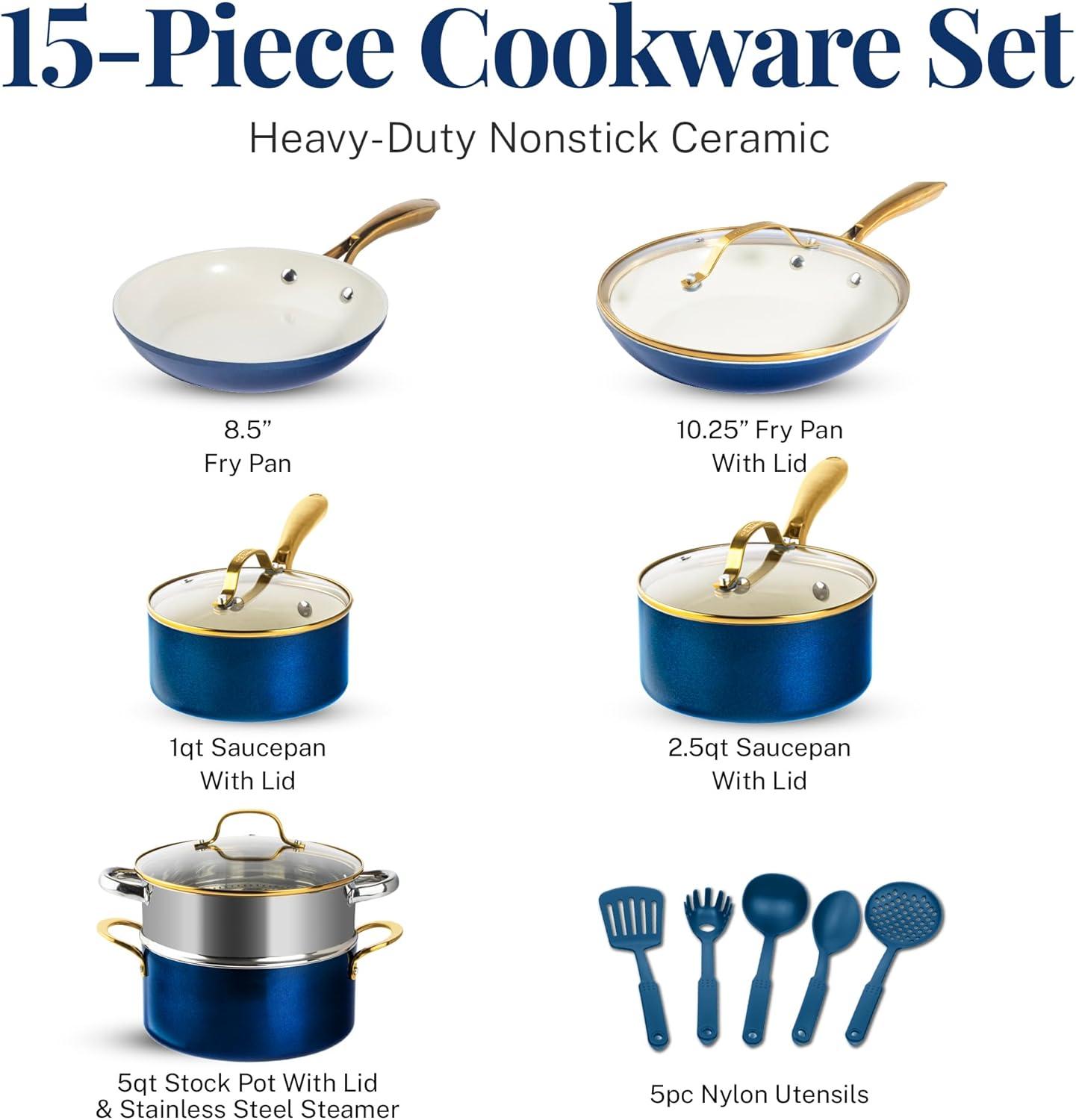 Navy and Gold 15-Piece Nonstick Stainless Steel Cookware Set