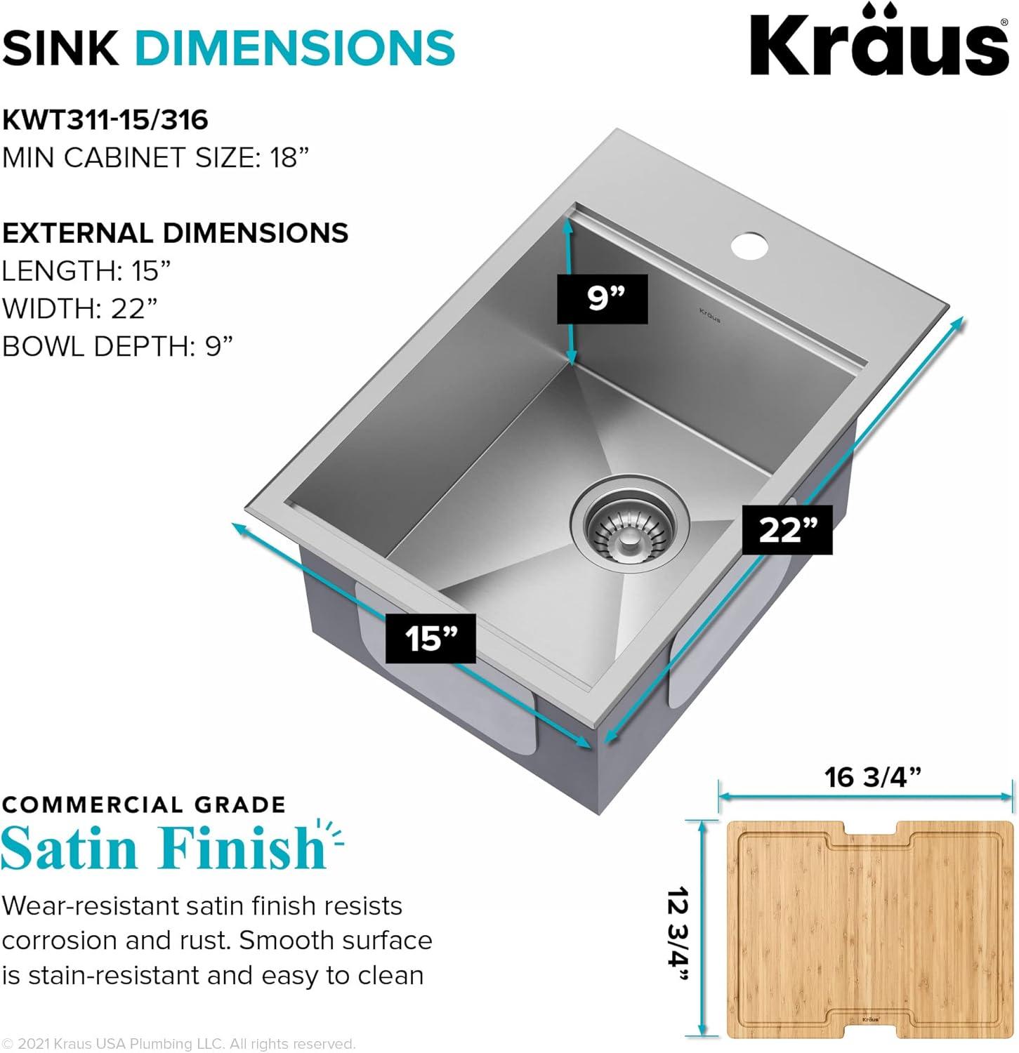 Kore 15" Stainless Steel Outdoor Workstation Sink with Bamboo Cutting Board