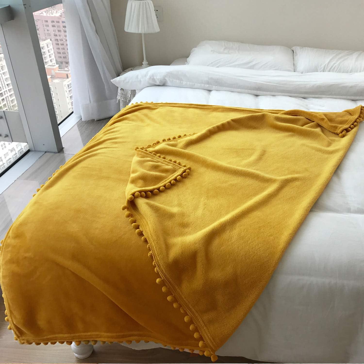 Mustard Yellow Flannel Blanket with Pompom Fringe, 51x63