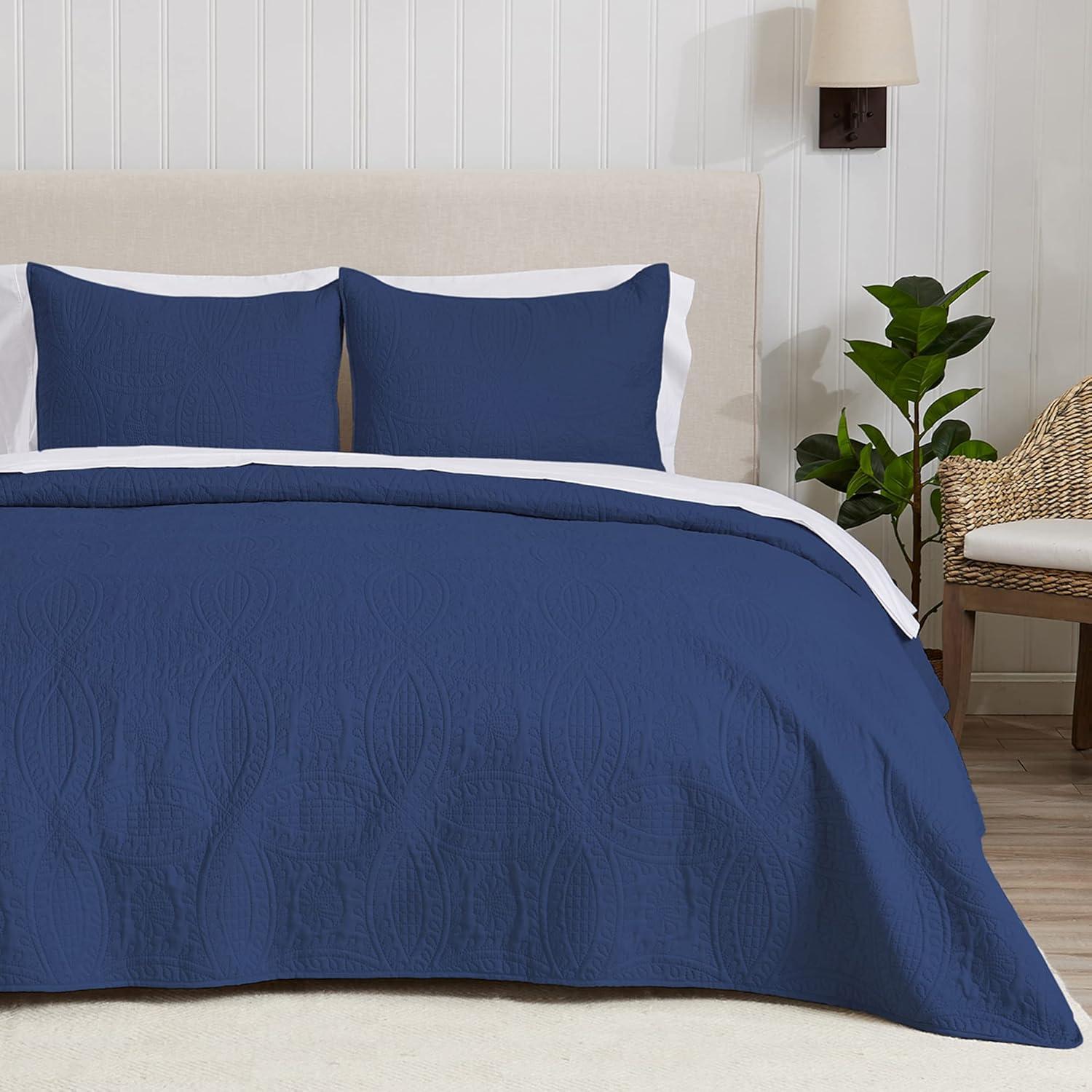 Blue Indigo Full Microfiber Reversible Quilt Set with Shams