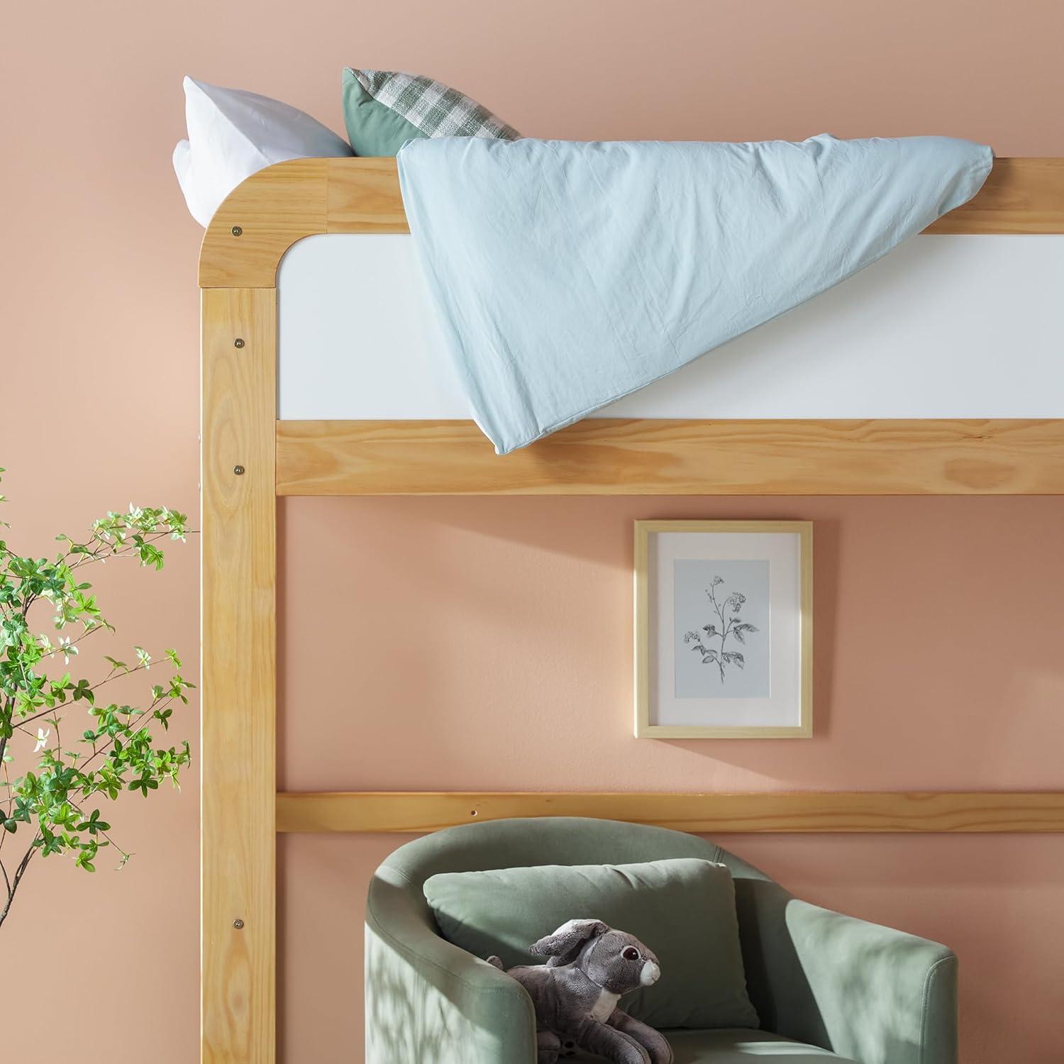 Walker Edison Contemporary Twin Loft Wooden Bed with Ladder, Natural Pine