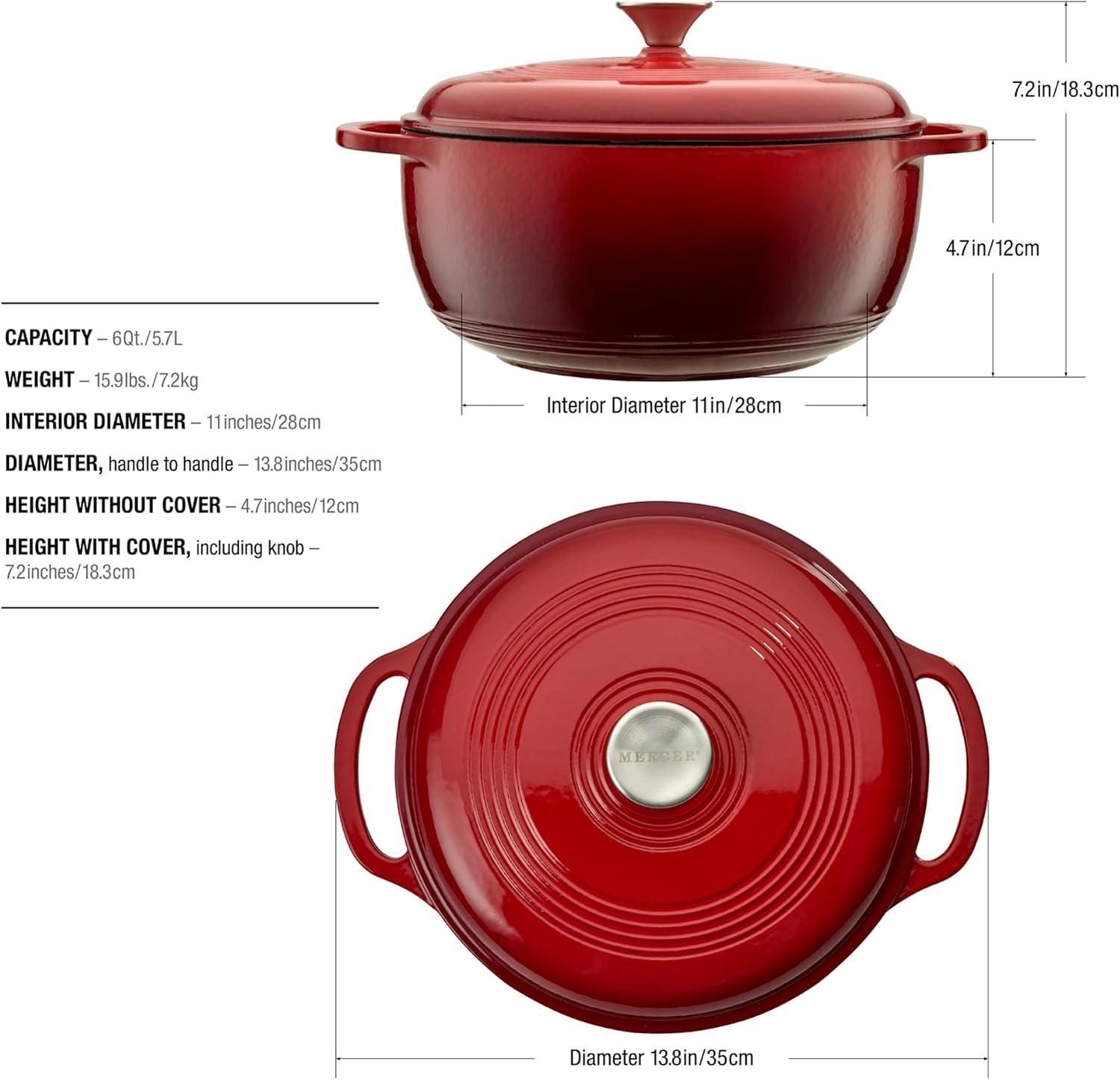 Red Enameled Cast Iron 6-Quart Round Dutch Oven with Lid