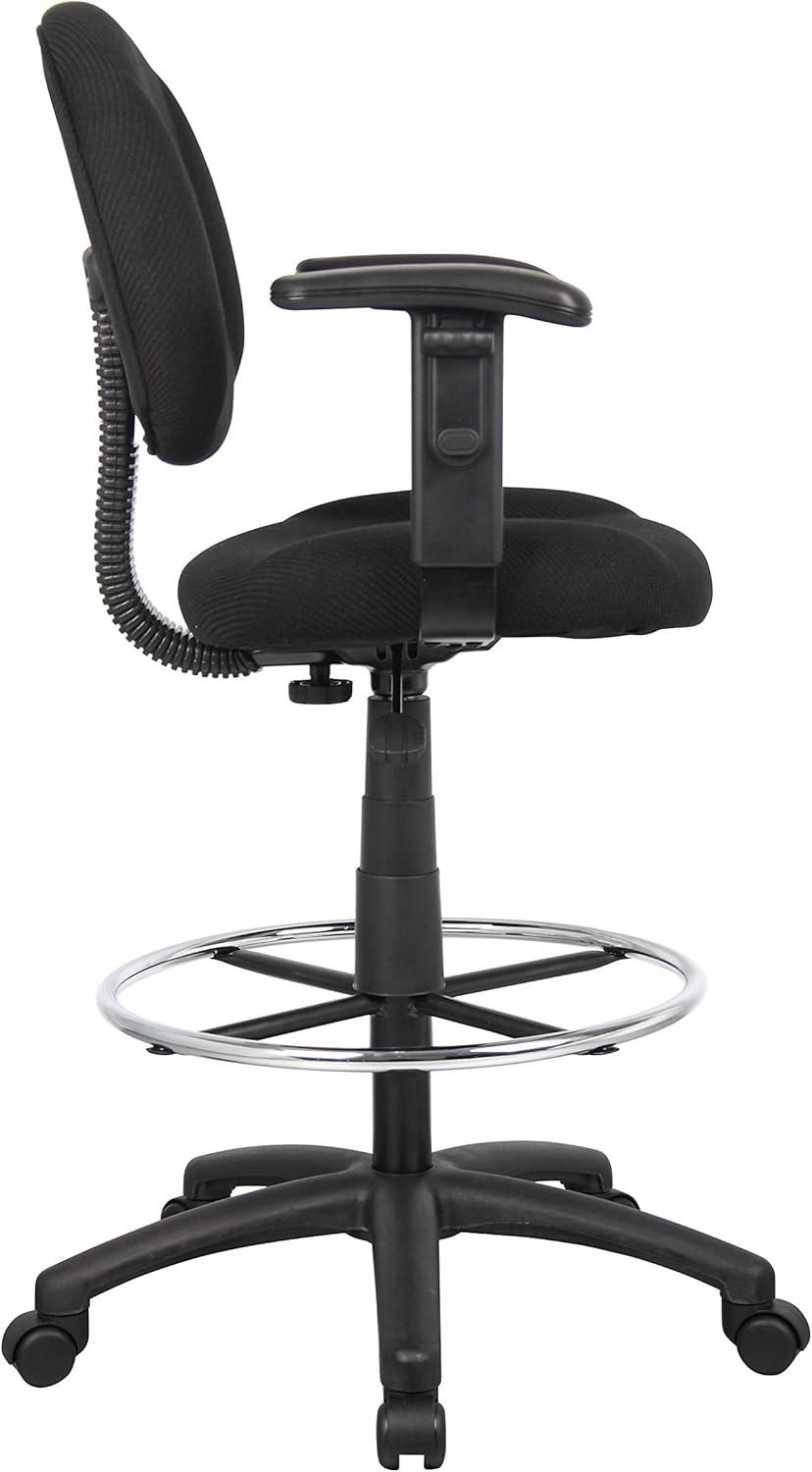 ErgoComfort Black Tweed Drafting Stool with Adjustable Arms and Chrome Footring