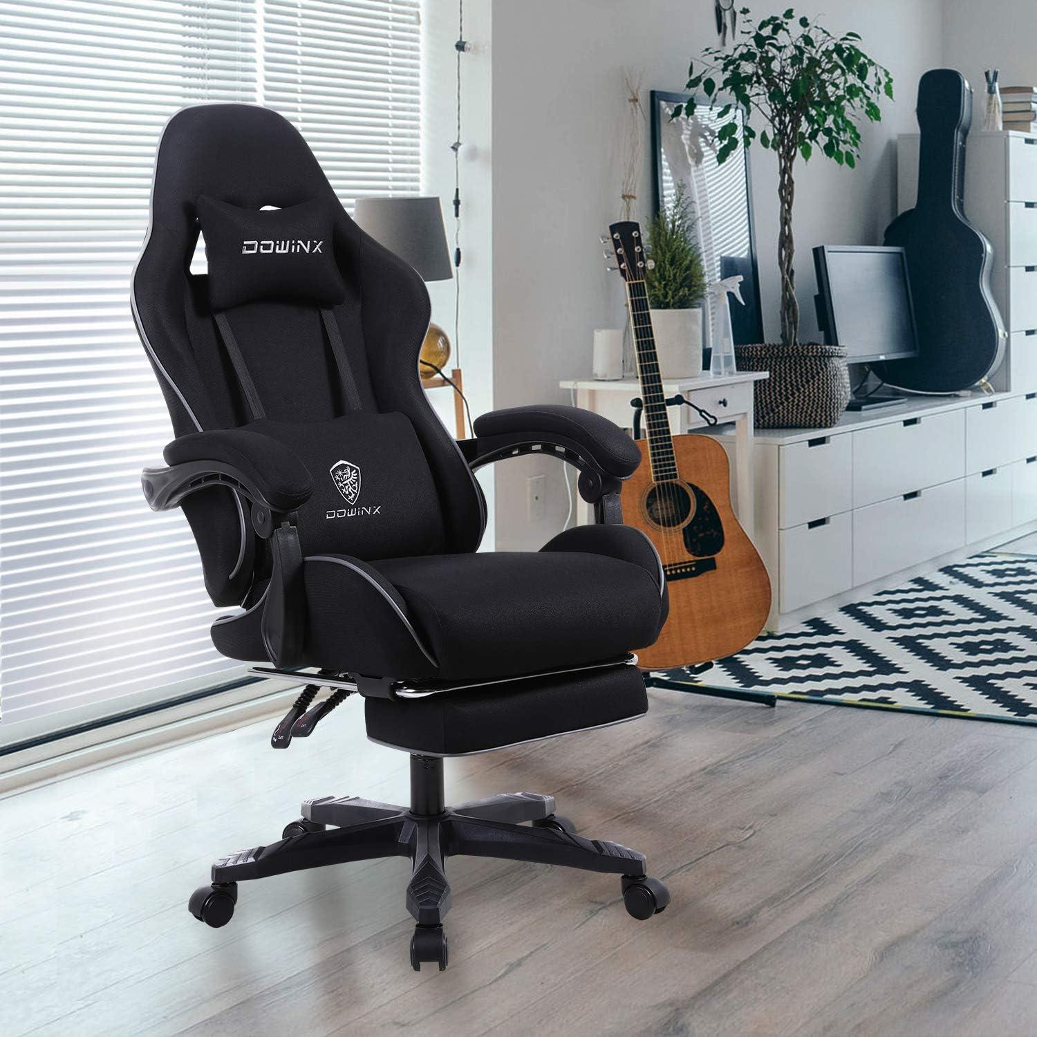 Dowinx Black Fabric Gaming Chair with Footrest and Massage Lumbar Support