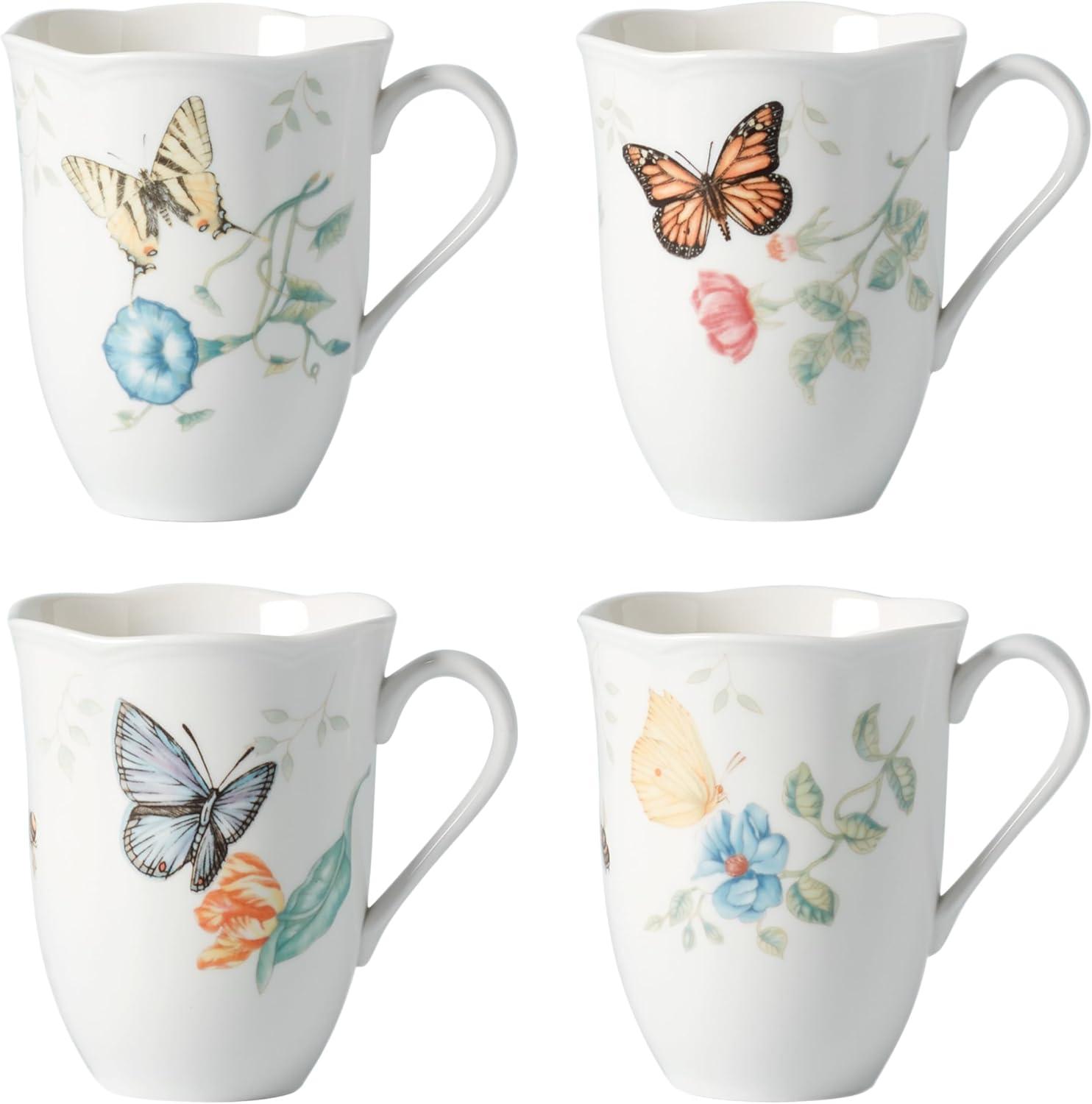 White Ceramic Butterfly Floral Spring Mug Set, 4-Piece