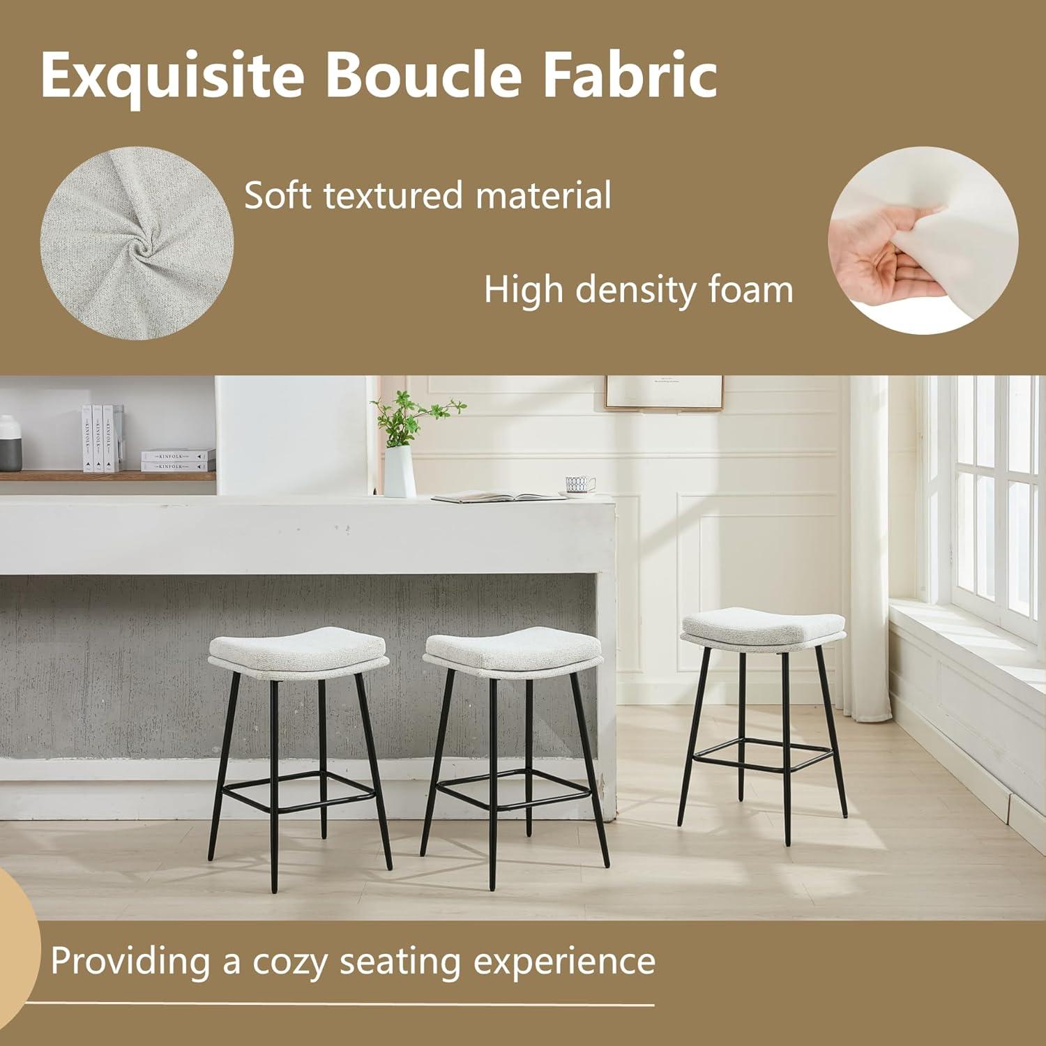 26 inch Counter Height Bar Stools Set of 2, Backless Saddle Bar Stools for Kitchen Counter, White Boucle Seat, Modern Kitchen Stools with Double Layered Cushion and Metal Legs