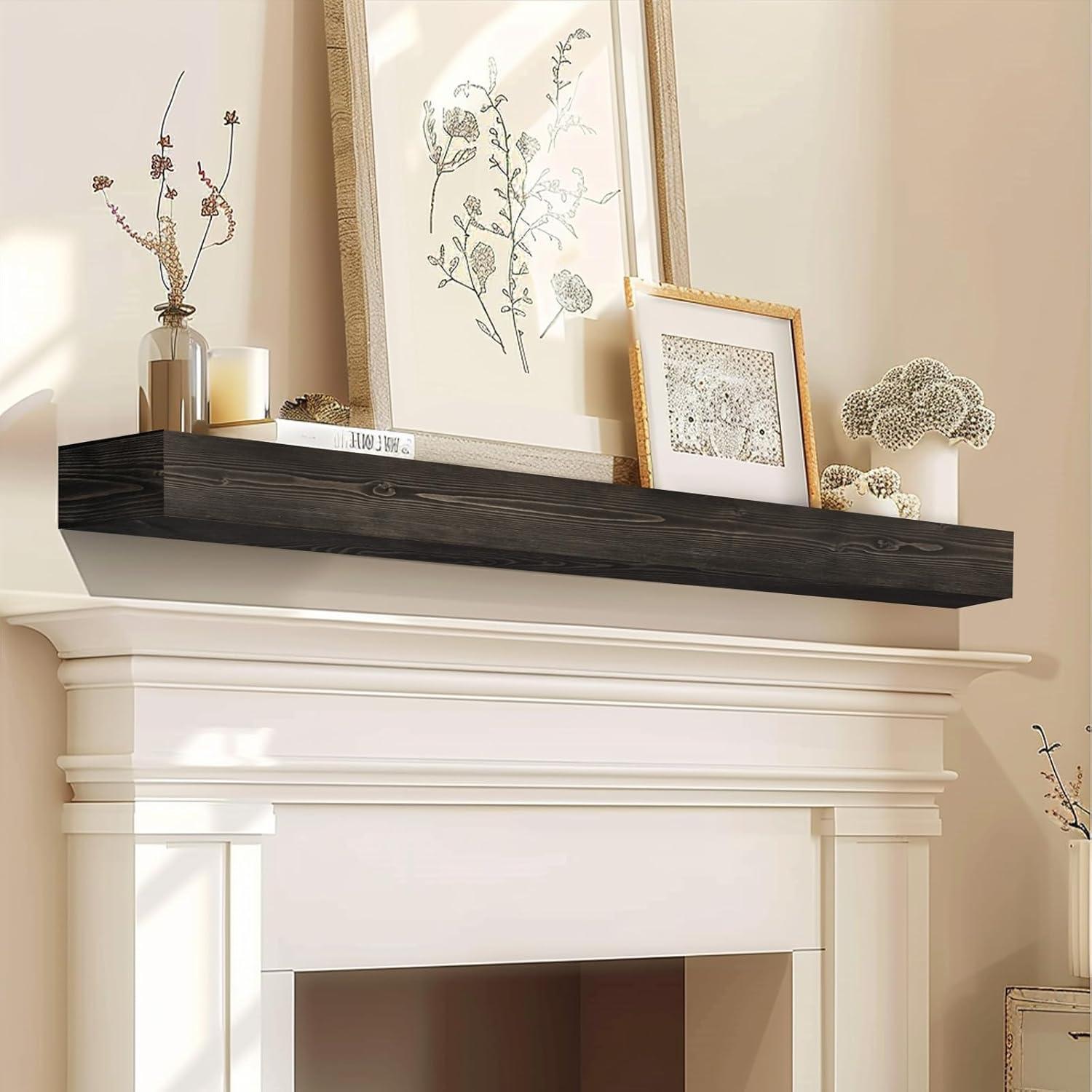 Fireplace Mantel Handmade, 3'' Thick Wall Decor Long Floating Shelf, 60inch Rustic Wood Shelf with Invisible Brackets, Black