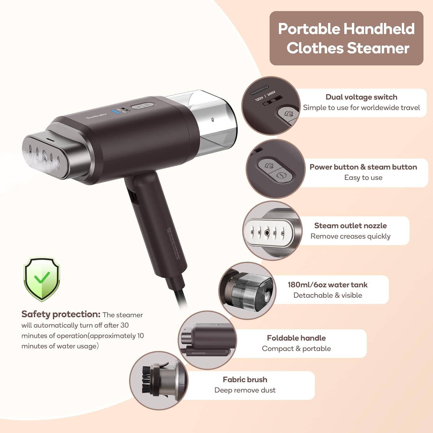 Newbealer Newbealer Travel Garment Steamer,100V-240V Handheld Powerful Steamer for Clothes,2 Adjustment Steaming,Self-cleaning,Brown