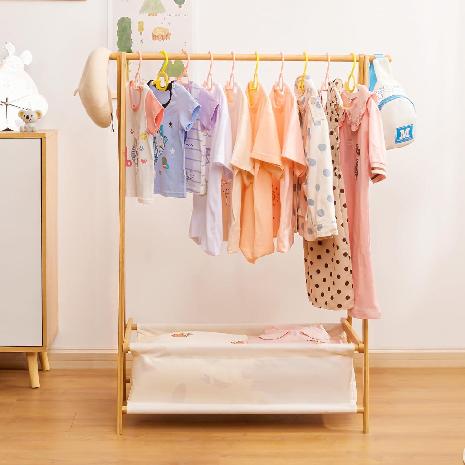 Natural Bamboo Kids Clothing Rack with Storage Box