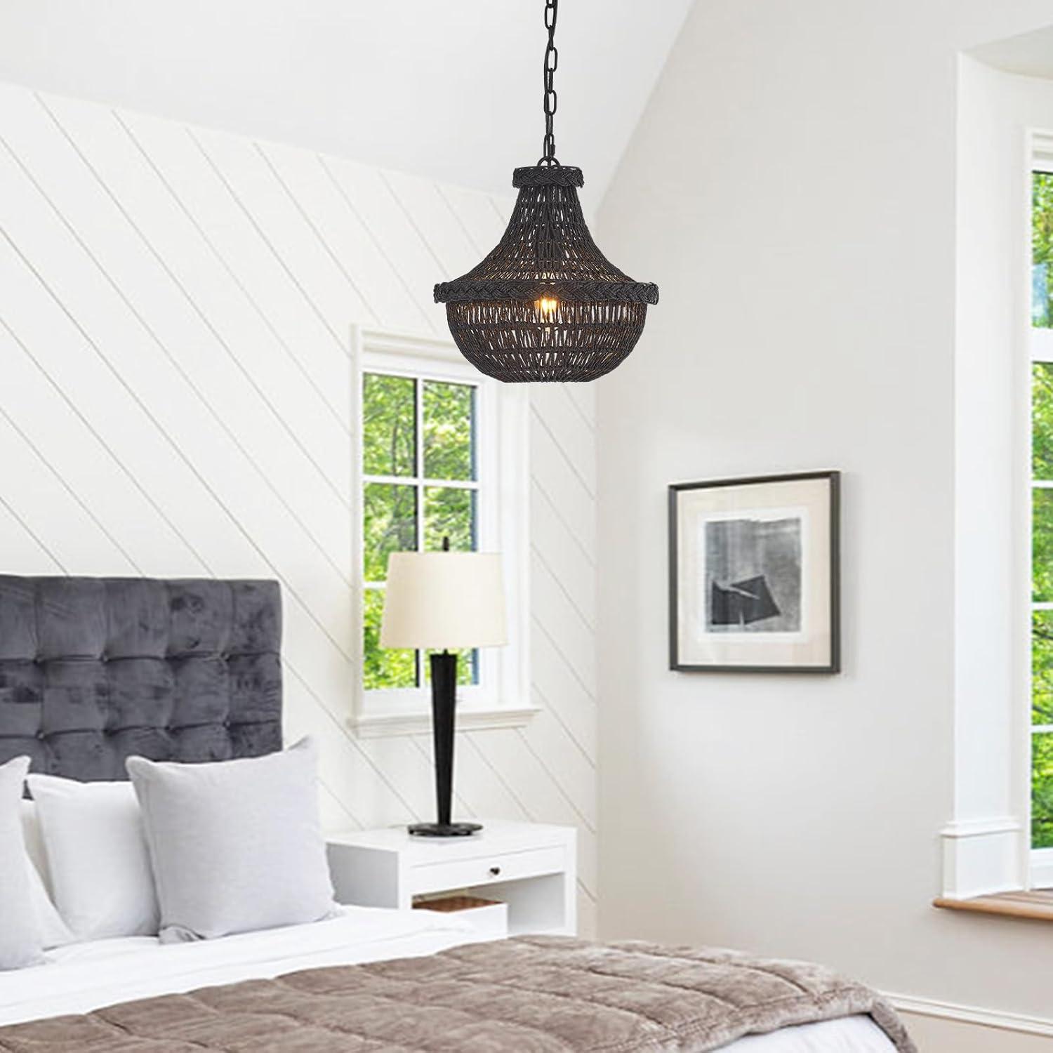 19.69" Boho Black Rattan Chandelier Vintage 4-Lights Farmhouse Hand-Woven Bamboo Basket Chandelier Light Fixture Rustic Wicker Rattan Chandeliers for Dining Room, Kitchen, Living Room