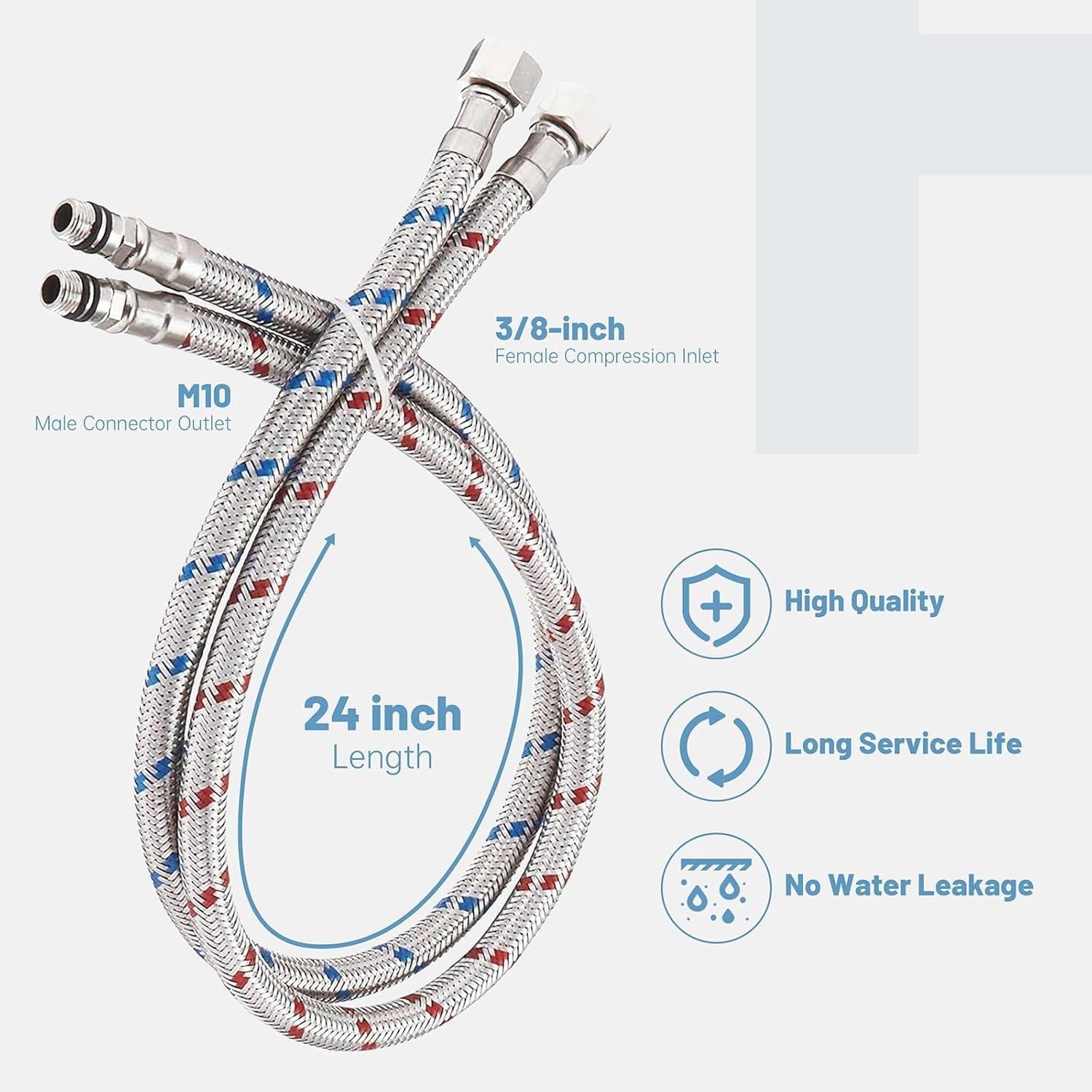 Midanya 24-Inch Long Faucet Connector Braided Stainless Steel Supply Hose 3/8-Inch Female Compression Thread x M10 Male Connector, x 2 Pcs (1 Pair)