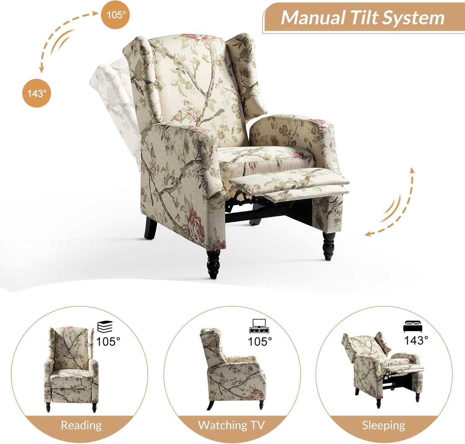 Fabric Wingback Manual Recliner Set of 2 Traditional Push Back Upholstered Armchair Sofa Home Theater Living Room Bird