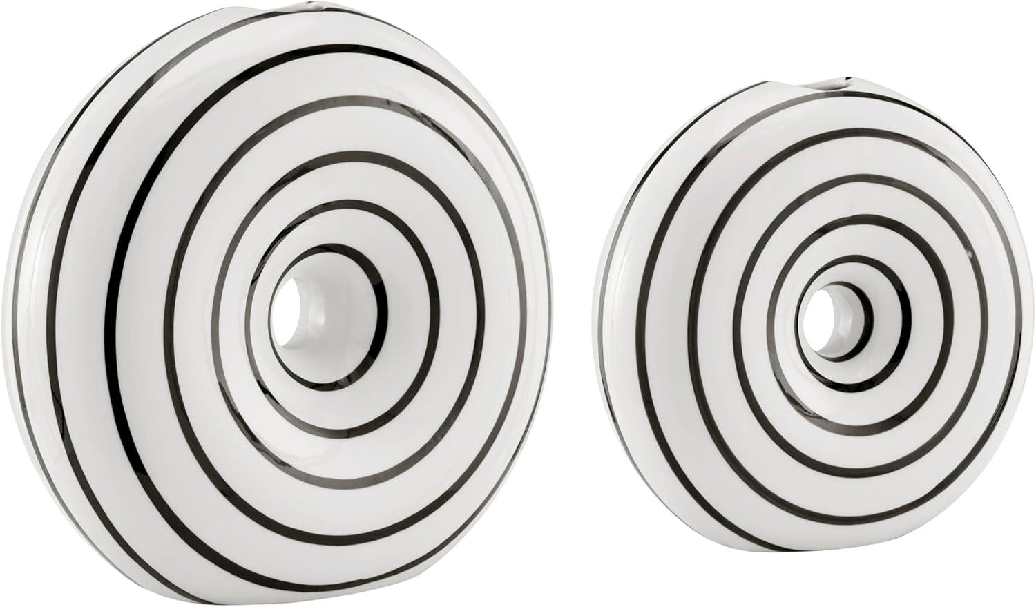 Danya B. Etta Two Piece Glossy Ceramic Black and White Striped Round Hollow Circle Donut Vase Set