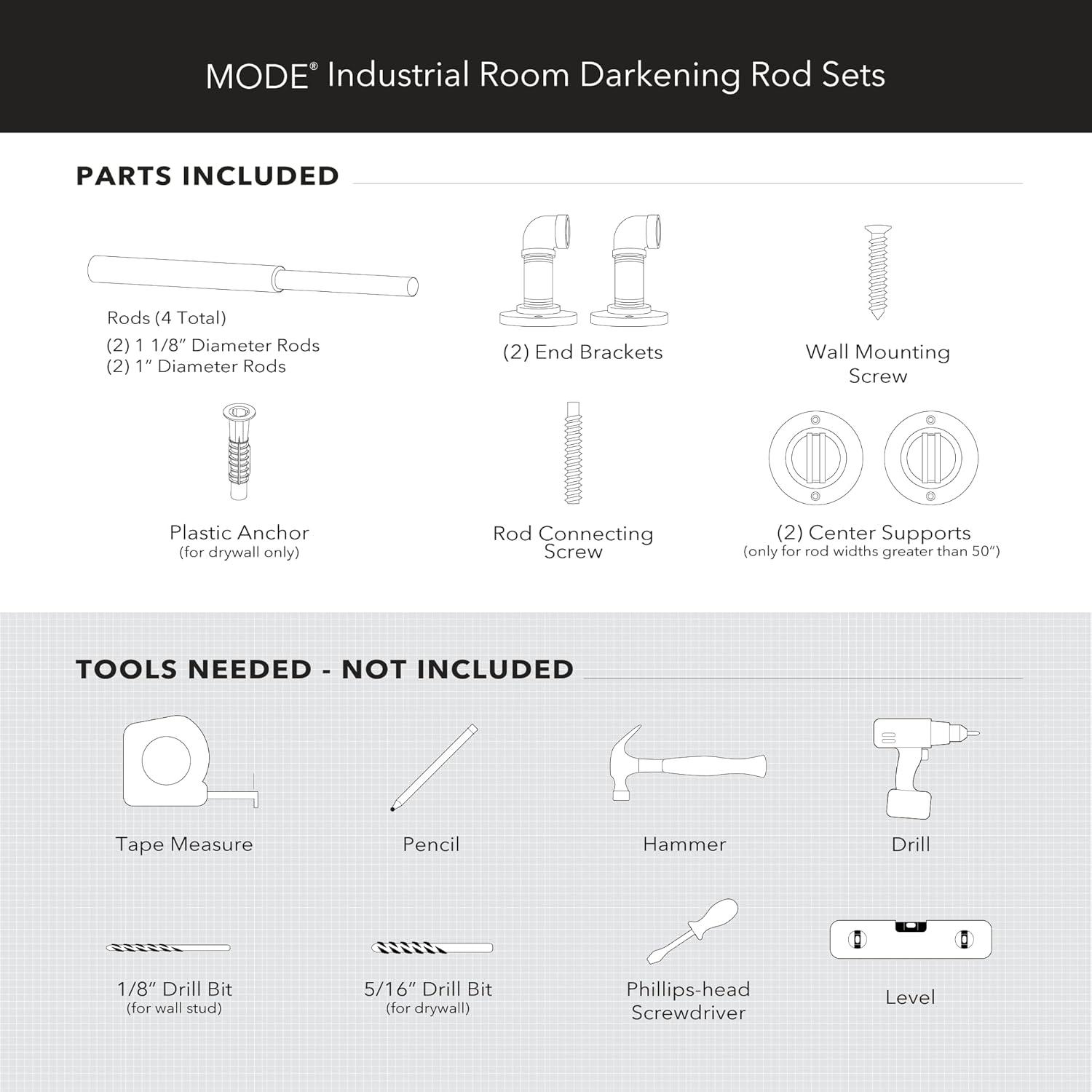 Mode Industrial Room Darkening Collection 1 1/8 in Diameter Curtain Rod Set with Steel Wall Mounted Adjustable, Blocks Light