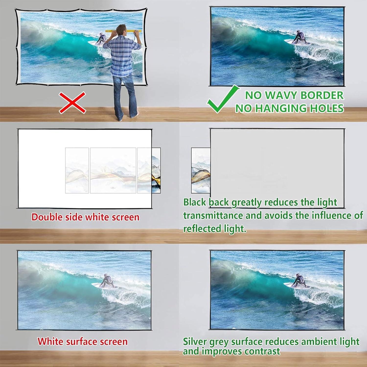 Foldable Projector Screen 120 inch with Lightweight Telescopic Pole Frame Wall Mounted Anti-Crease Black Backing Silver Portable Projection Screen