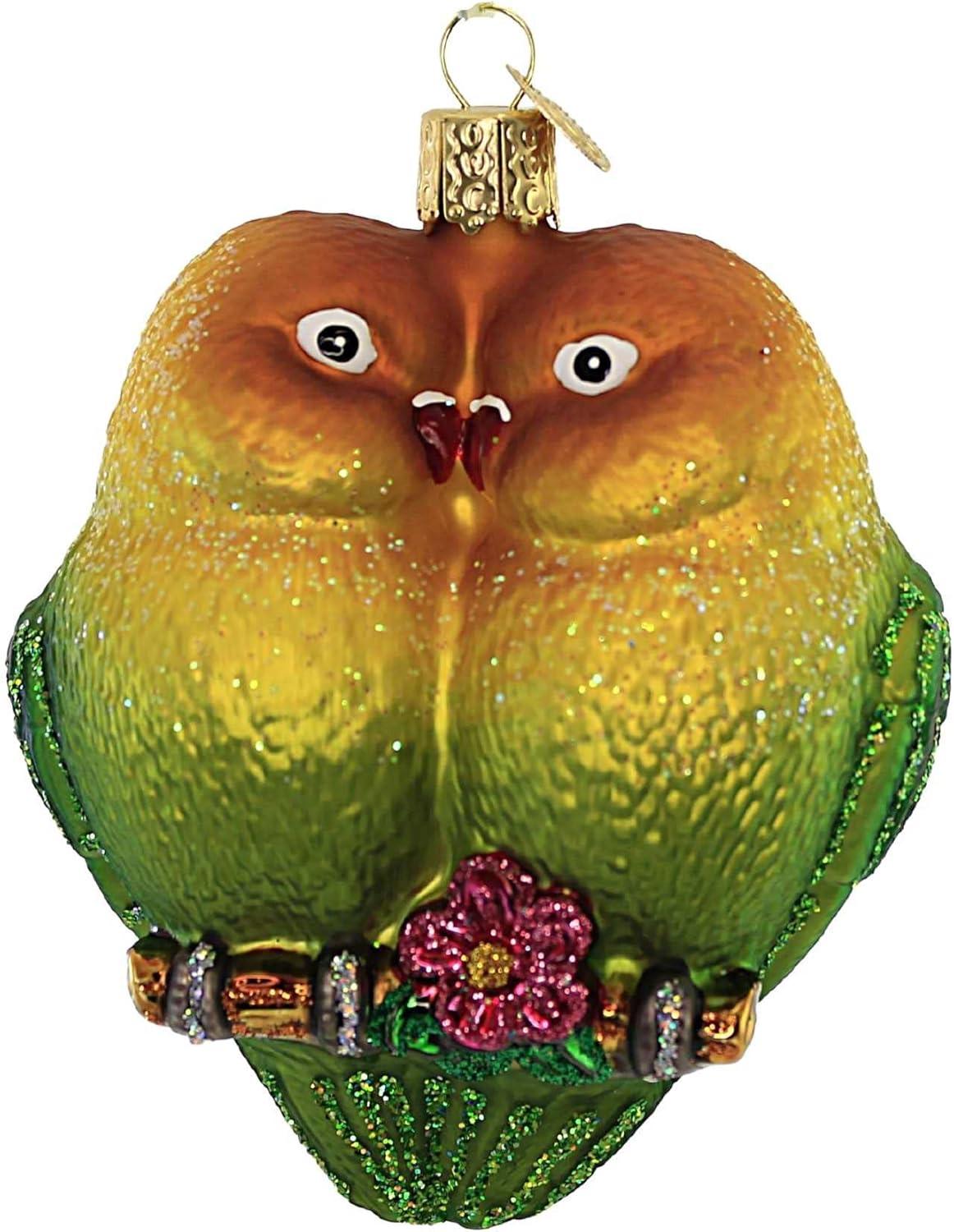 Lovebirds Yellow and Green Glass Tree Topper Ornament