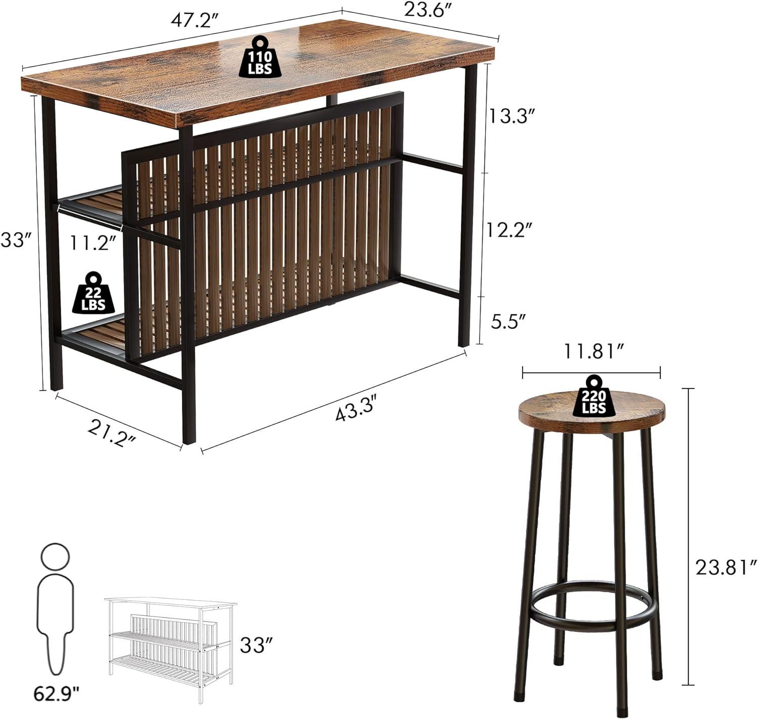 DKLGG Kitchen Island with Storage, 3 Piece Dining Table Set with 2 Tier Storage Shelves, Bar Table with Barstool, Sturdy Island Table with Chairs for Restaurant, Living Room